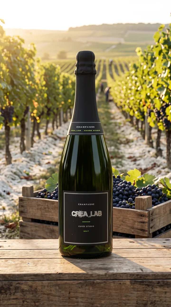 La même bouteille mise en scène par l'IA dans les vignes, pendant les vendanges