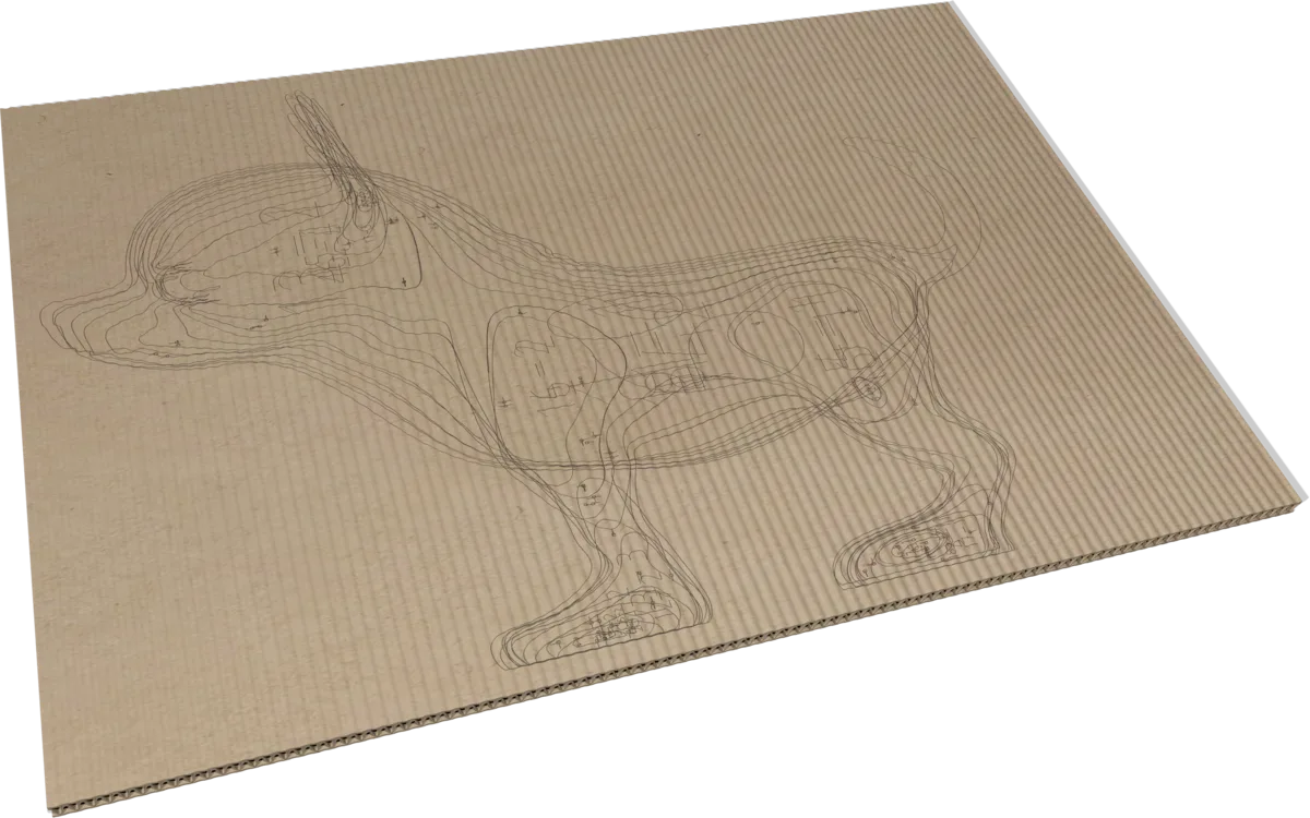 Le même chihuahua en carton : la plaque et ses tracés de découpe