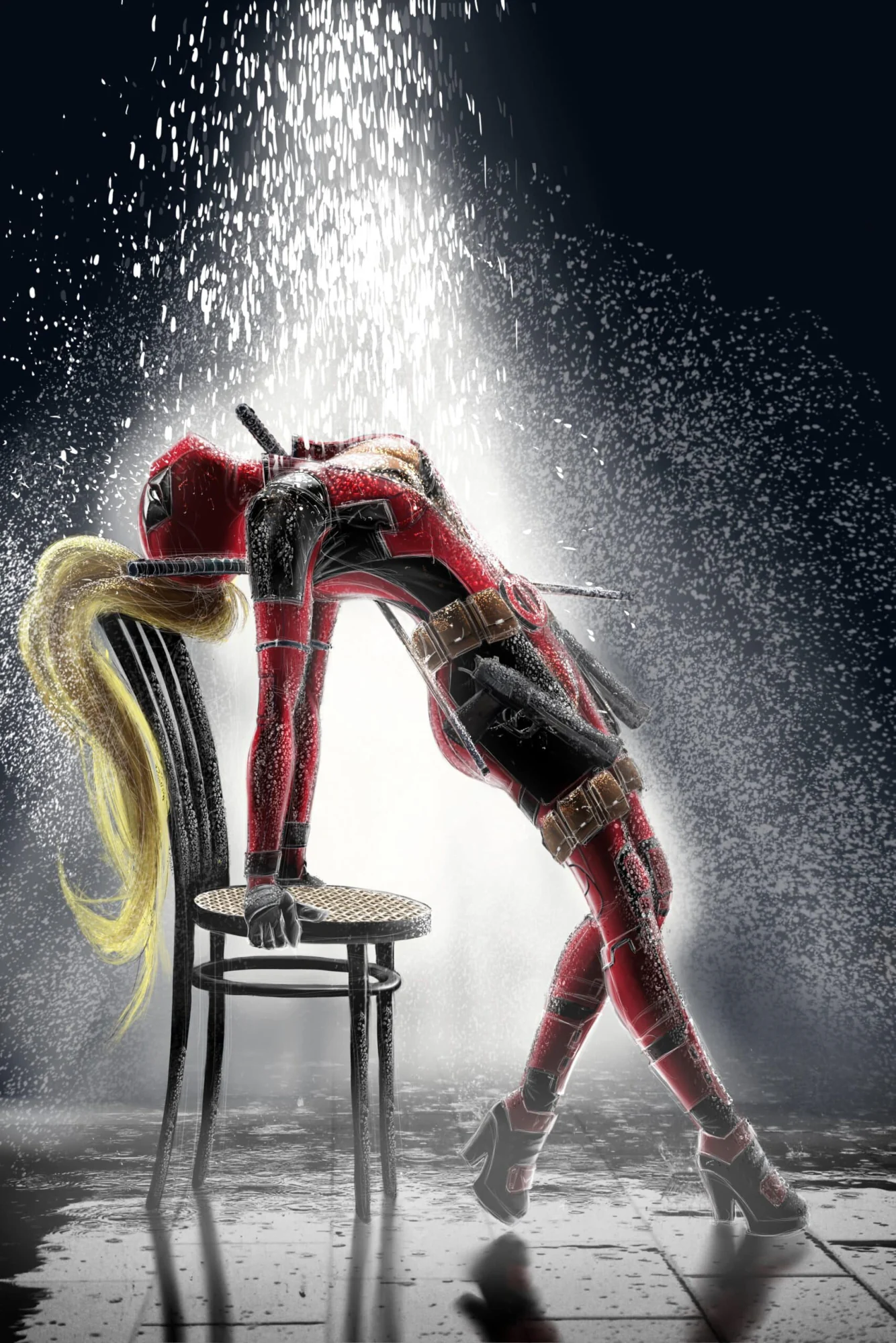 Lady Deadpool cambrée en arrière contre une chaise sous une cascade, pose Flashdance, cheveux blonds pendants. Tableau en caisse américaine.