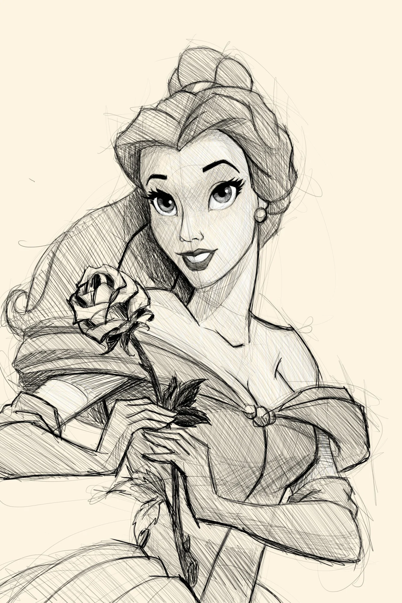Belle de Disney en croquis noir sur crème, chignon, épaules nues, rose tenue à deux mains. Tableau en caisse américaine.