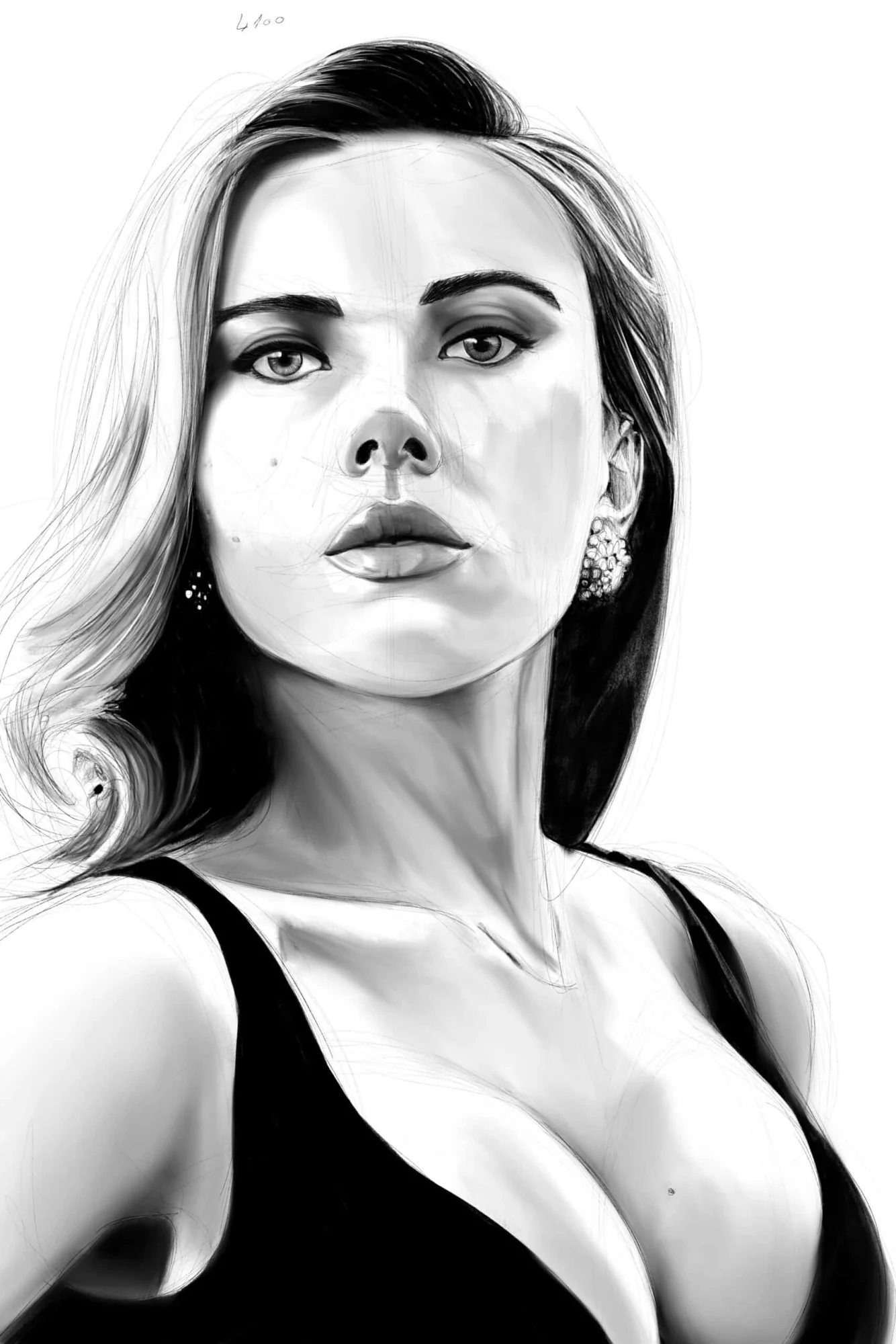 Portrait de Scarlett Johansson en noir et blanc, regard frontal, chevelure claire au trait. Tableau en caisse américaine.