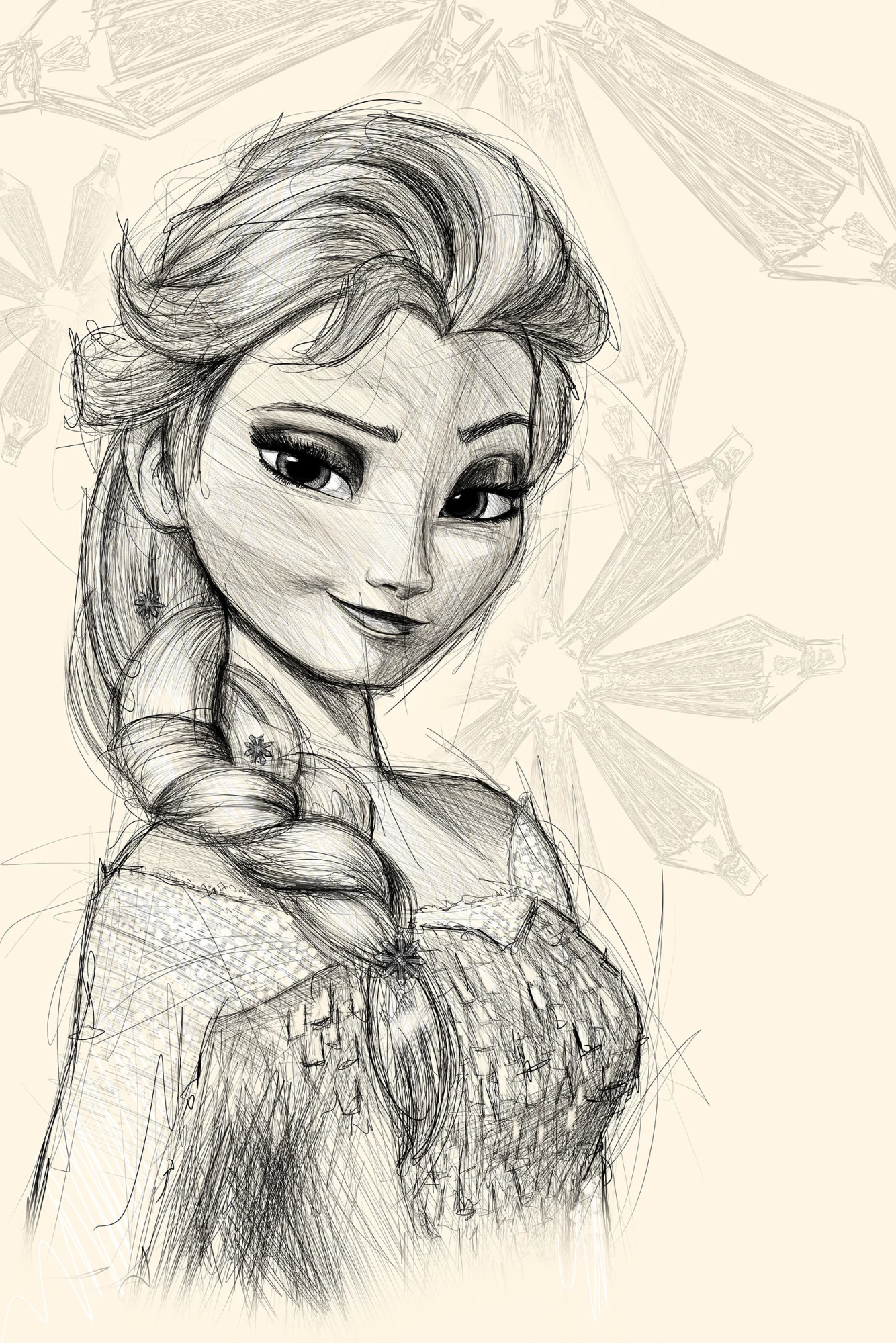 Elsa de La Reine des neiges en croquis, tresse sur l'épaule, sourire en coin, flocons esquissés. Tableau en caisse américaine.
