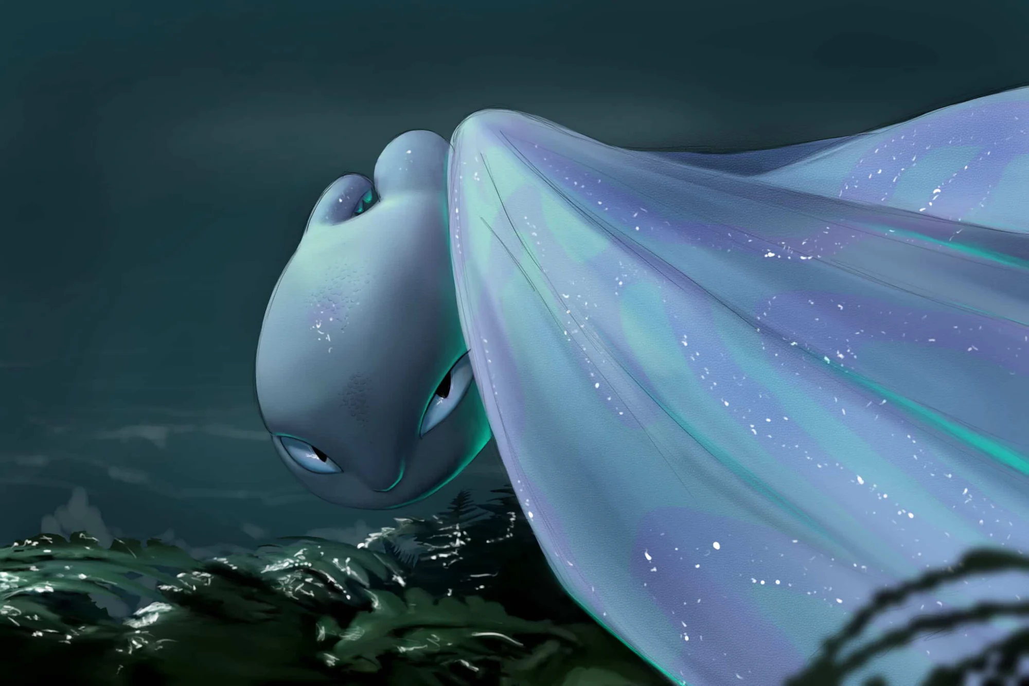 Furie Éclair, la Light Fury de Dragons 3, tête baissée, yeux mi-clos, aile piquée d'étoiles. Tableau en caisse américaine.
