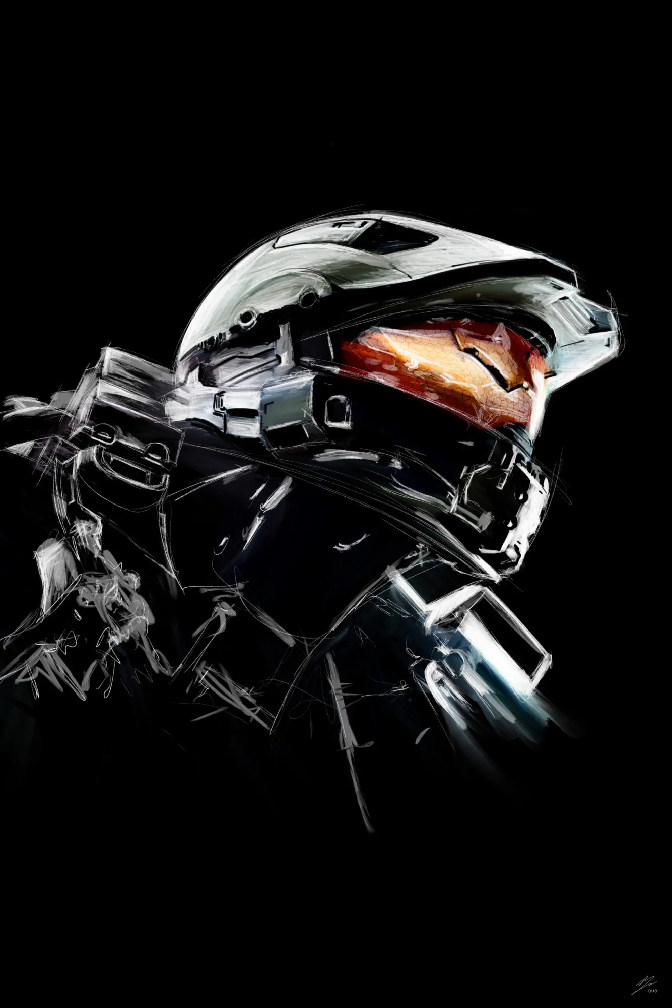 Casque du Master Chief de Halo, de trois quarts, visière orange, armure esquissée en traits blancs. Tableau en caisse américaine.