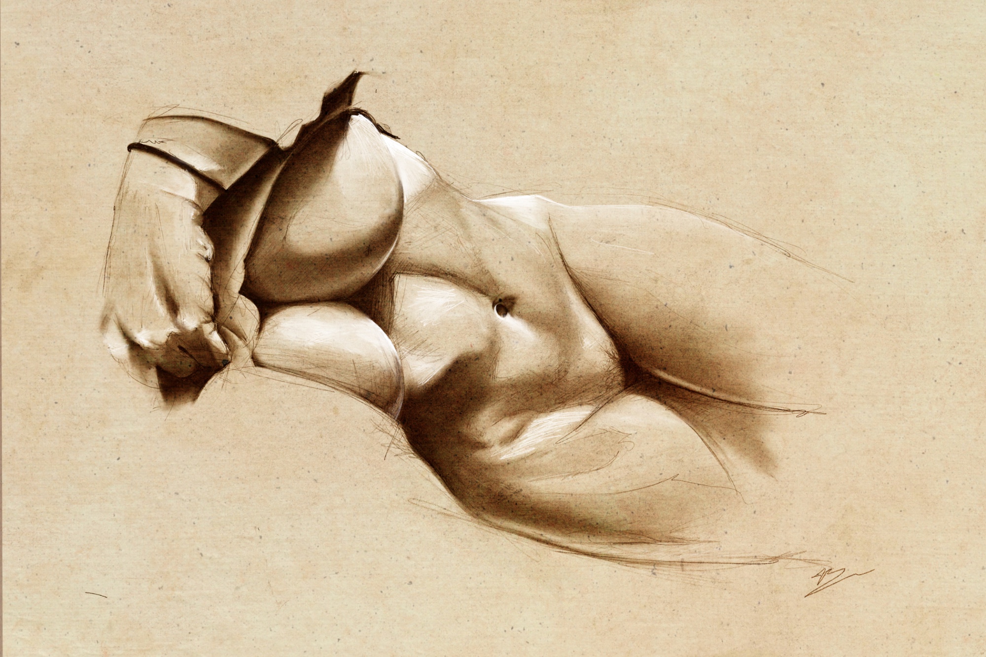 Torse féminin allongé, sépia : seins, ventre et nombril, bras replié au-dessus de la tête, tête et jambes hors du cadre, fond kraft clair. Tableau en caisse américaine.