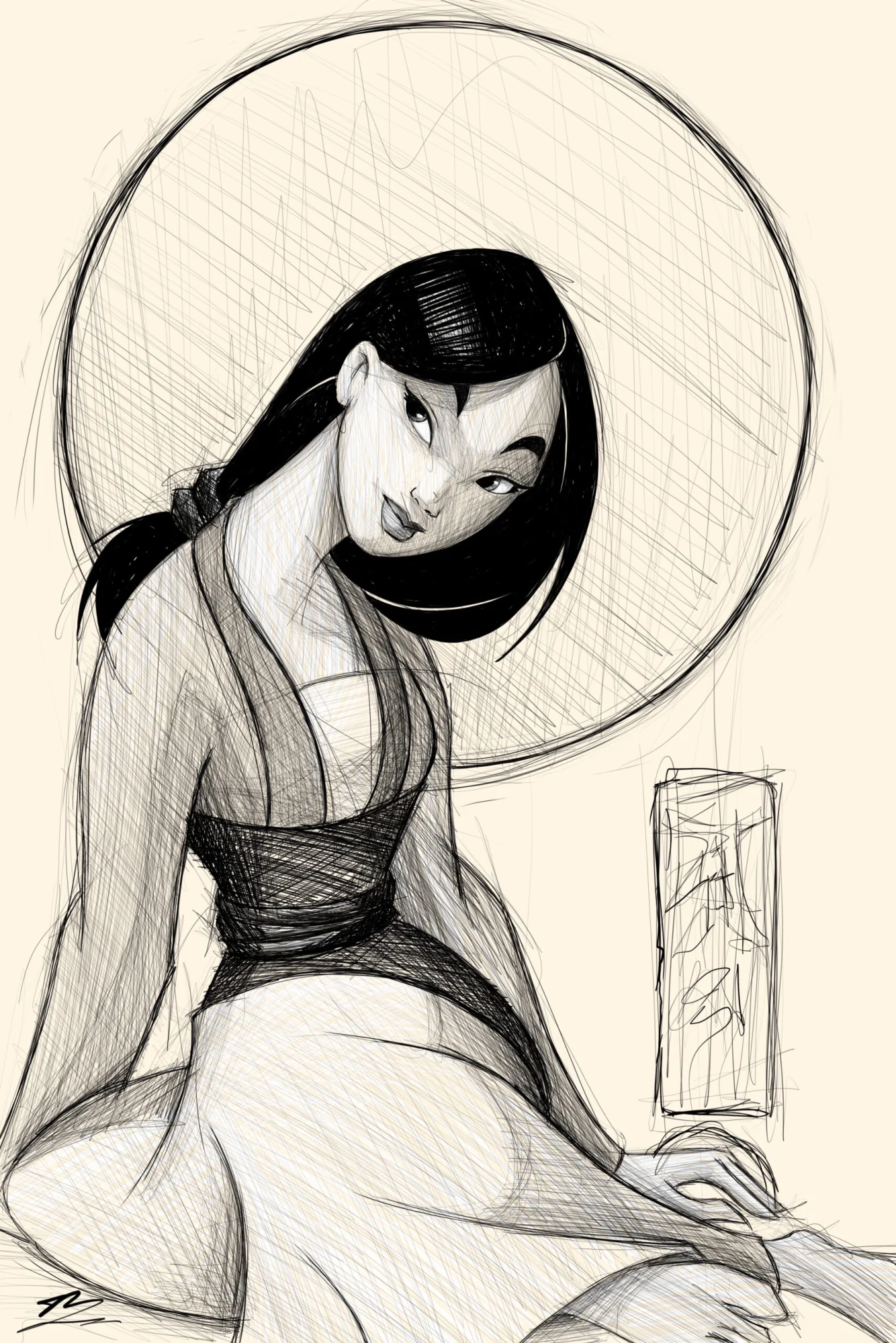 Mulan de Disney assise en croquis, regard par-dessus l'épaule, grand cercle et calligraphie derrière. Tableau en caisse américaine.