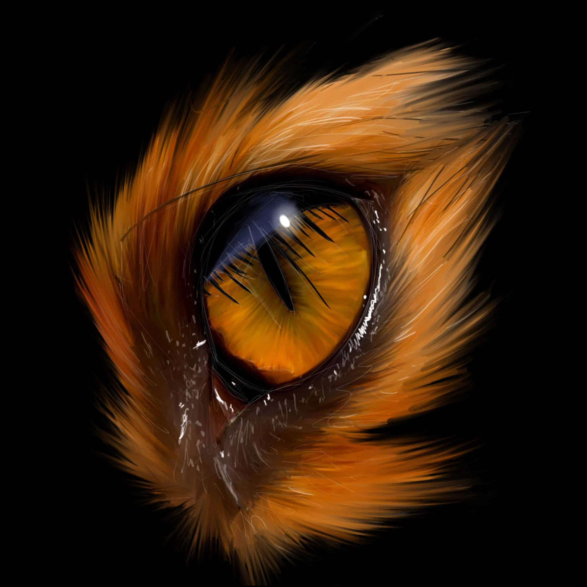Œil de renard, iris orange à pupille en fente, poils roux en étoile sur fond noir. Tableau en caisse américaine.