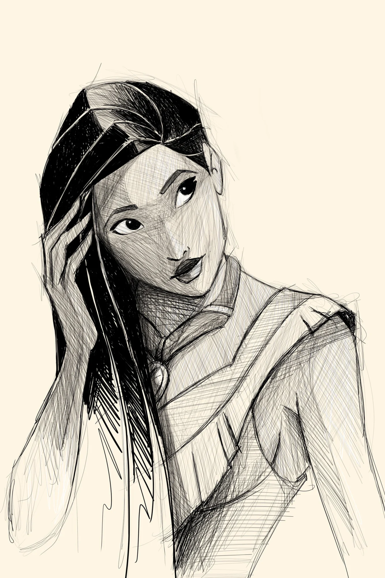 Pocahontas de Disney en croquis, main dans les cheveux, regard levé de côté, fond crème. Tableau en caisse américaine.