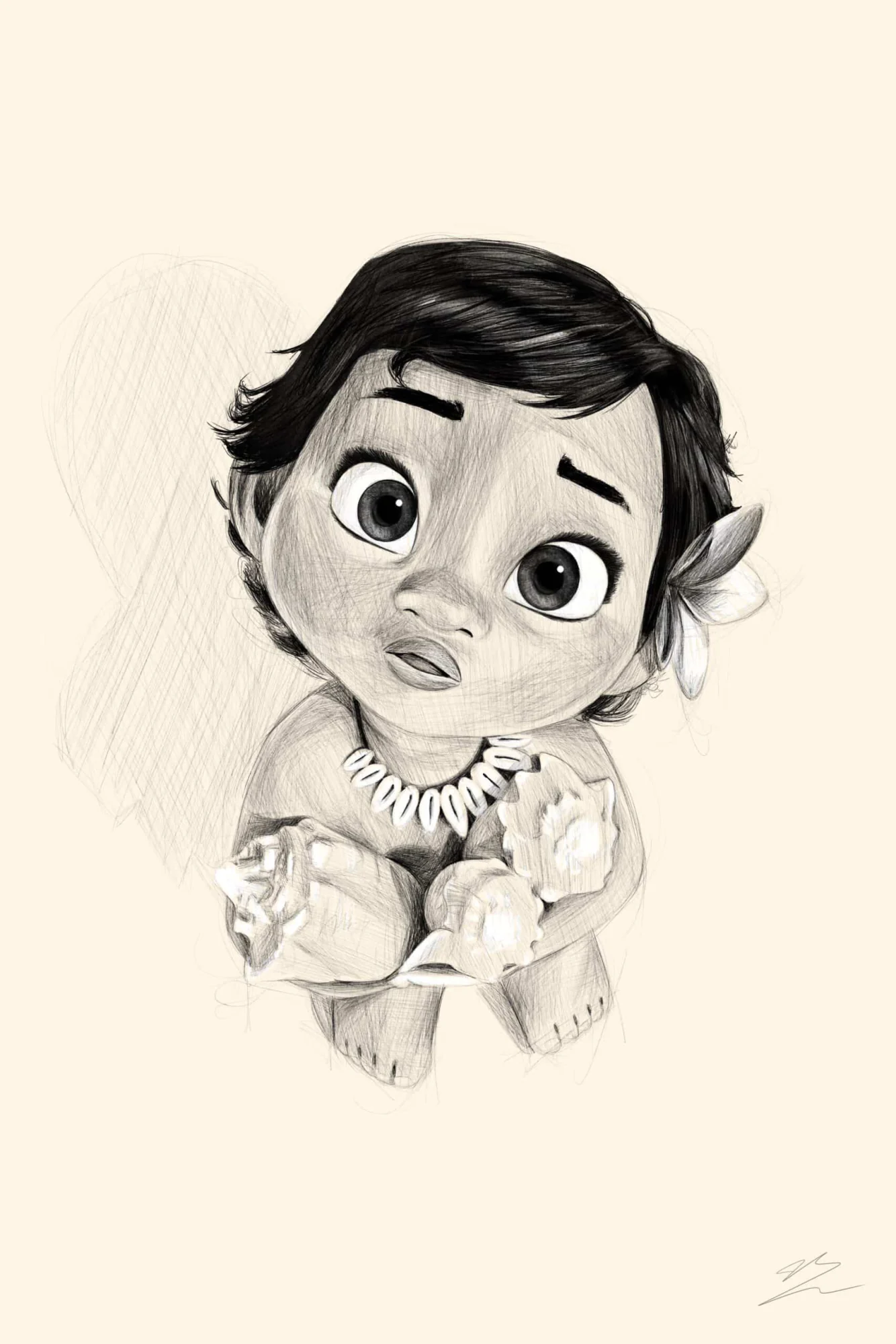 Vaiana bébé de Disney en croquis, yeux levés, fleur à l'oreille, coquillages contre elle. Tableau en caisse américaine.