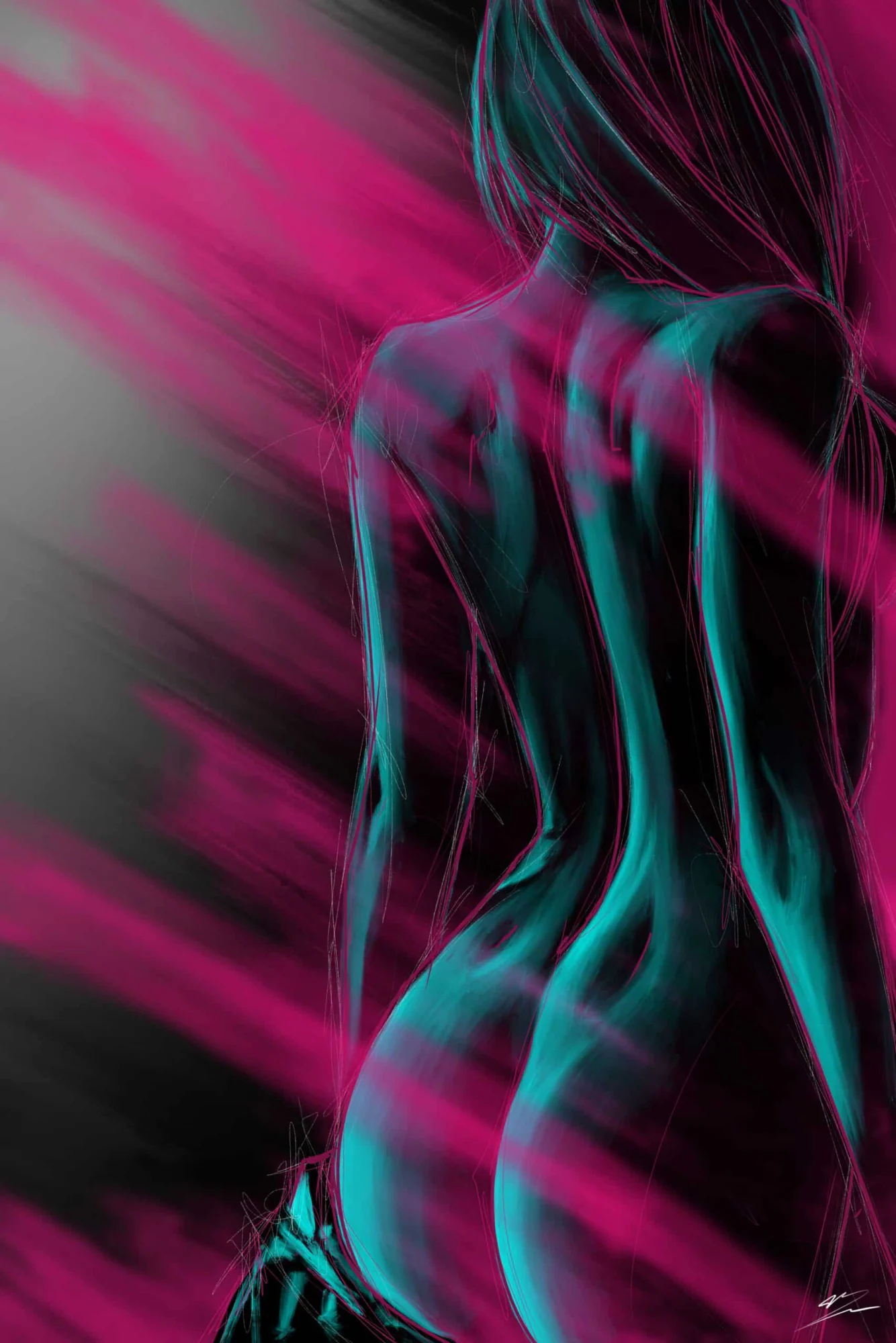 Femme nue de dos traitée en turquoise, cheveux longs, traversée de rais magenta sur fond noir. Tableau en caisse américaine.