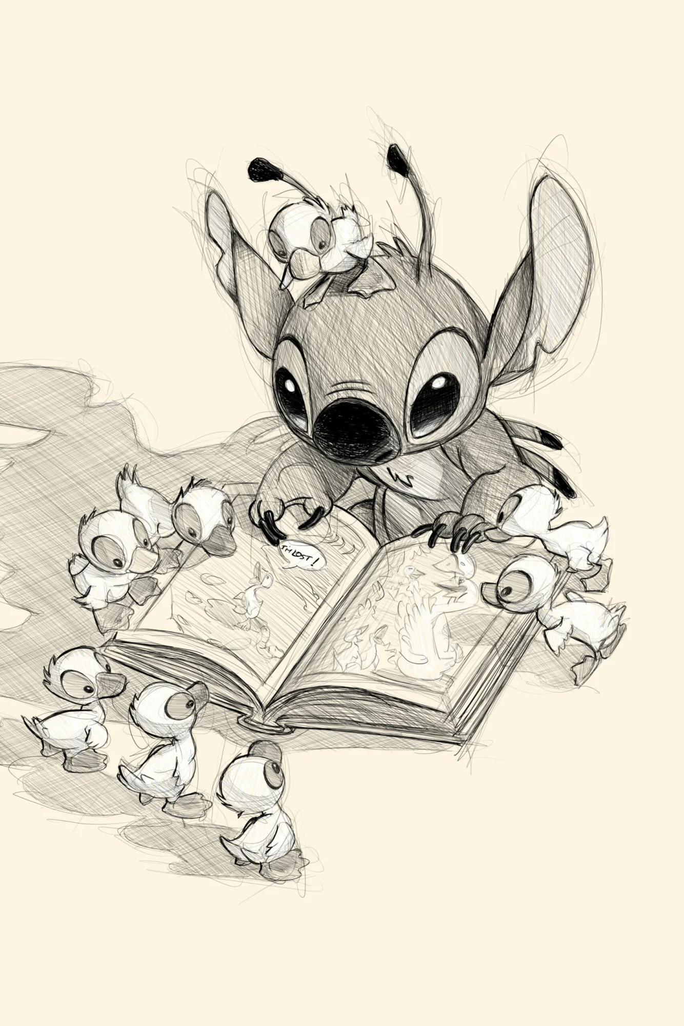 Stitch de Disney en croquis, livre ouvert sous les griffes, canetons autour, un sur la tête. Tableau en caisse américaine.
