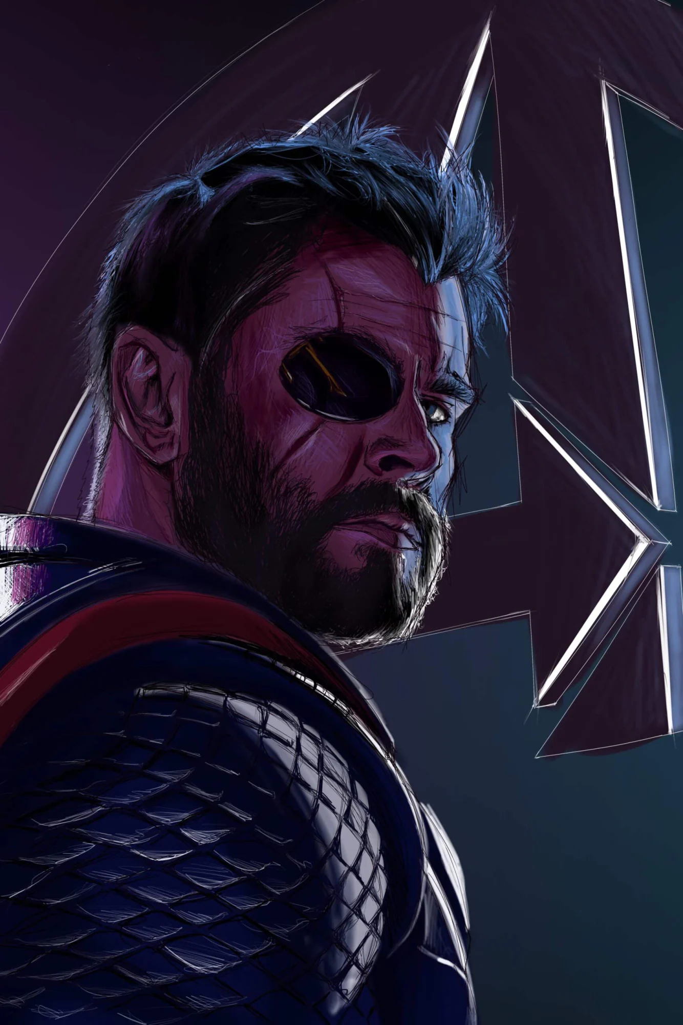 Thor sous les traits de Chris Hemsworth, cache-œil, regard par-dessus l'épaule, le A des Avengers derrière. Tableau en caisse américaine.