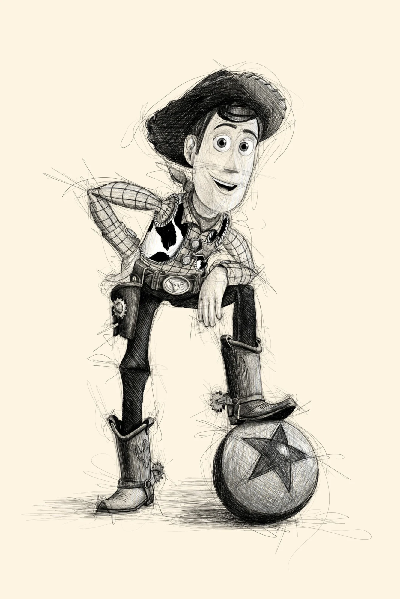 Woody de Toy Story en croquis, main sur la hanche, botte sur le ballon Pixar. Tableau en caisse américaine.