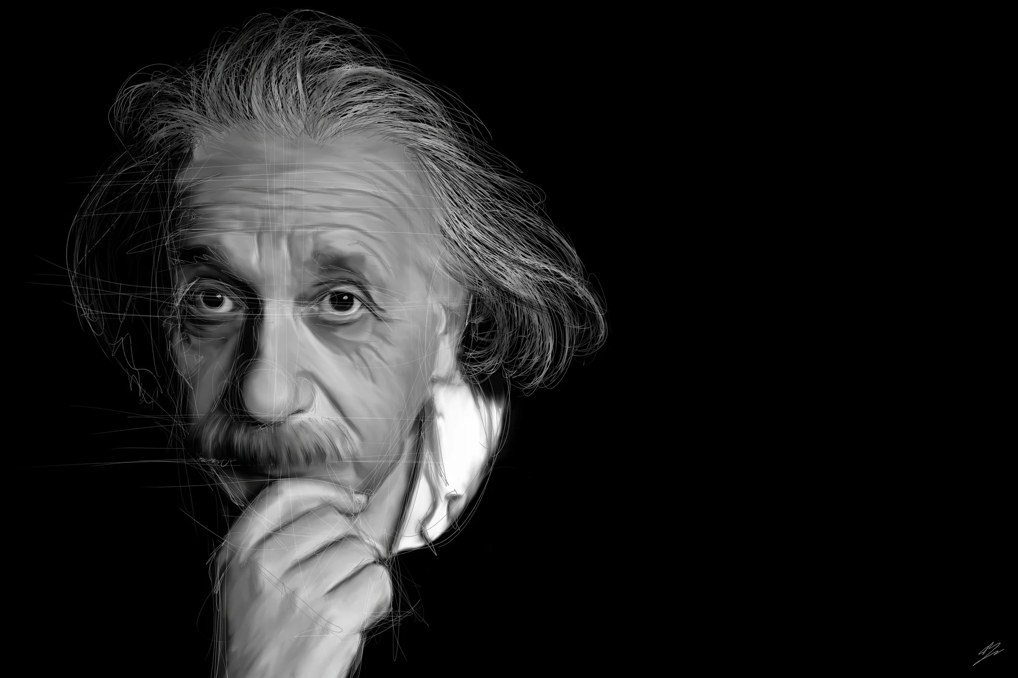 Albert Einstein âgé, la main sous le menton, cheveux blancs ébouriffés et moustache, sur fond noir. Tableau en caisse américaine.