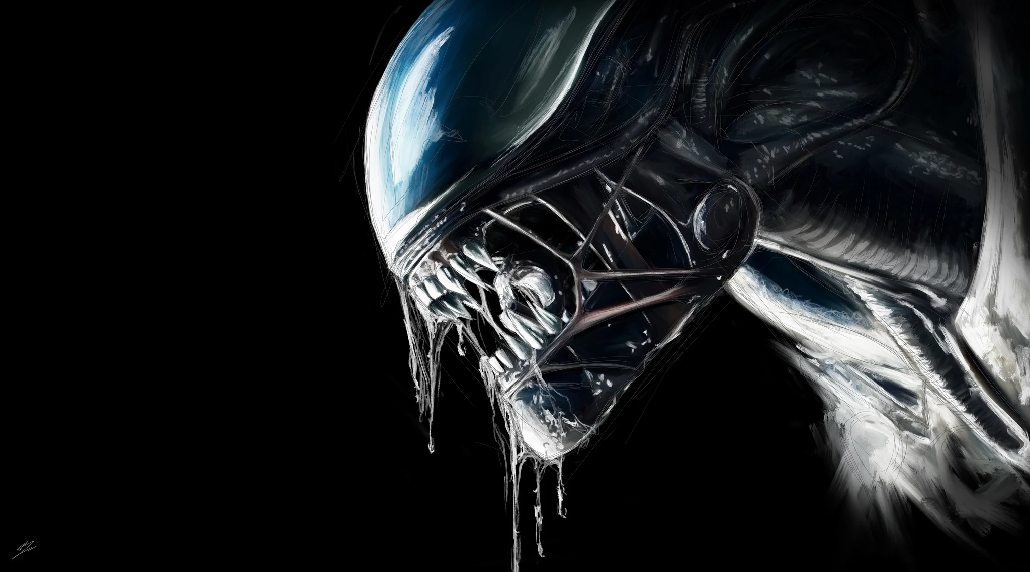Le Xénomorphe d'Alien de profil, crâne allongé, peau noir-violet, mâchoire ouverte, bave en cascade. Tableau en caisse américaine.