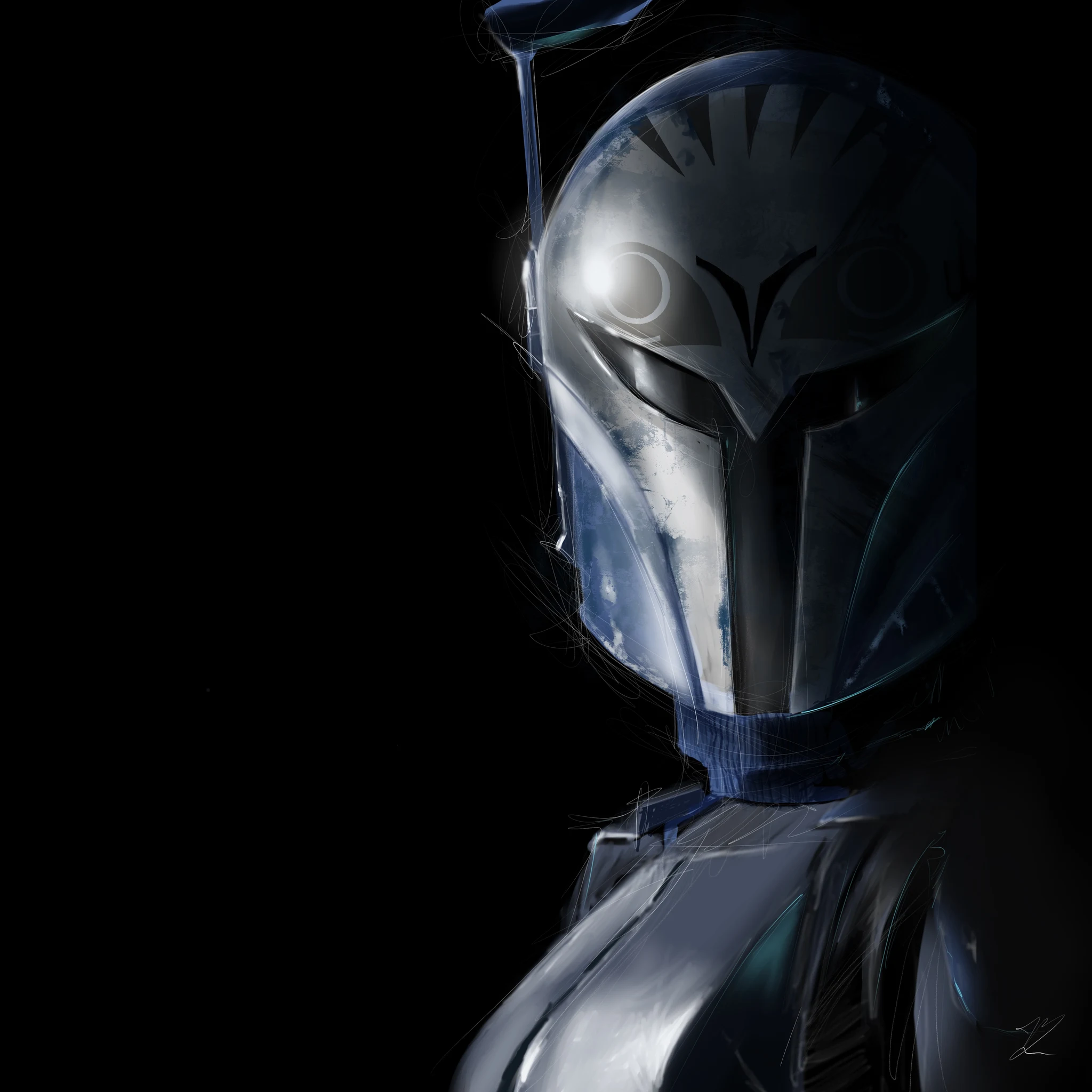 Casque mandalorien bleu et argent de Bo-Katan, de trois quarts, antenne relevée, fond noir. Tableau en caisse américaine.