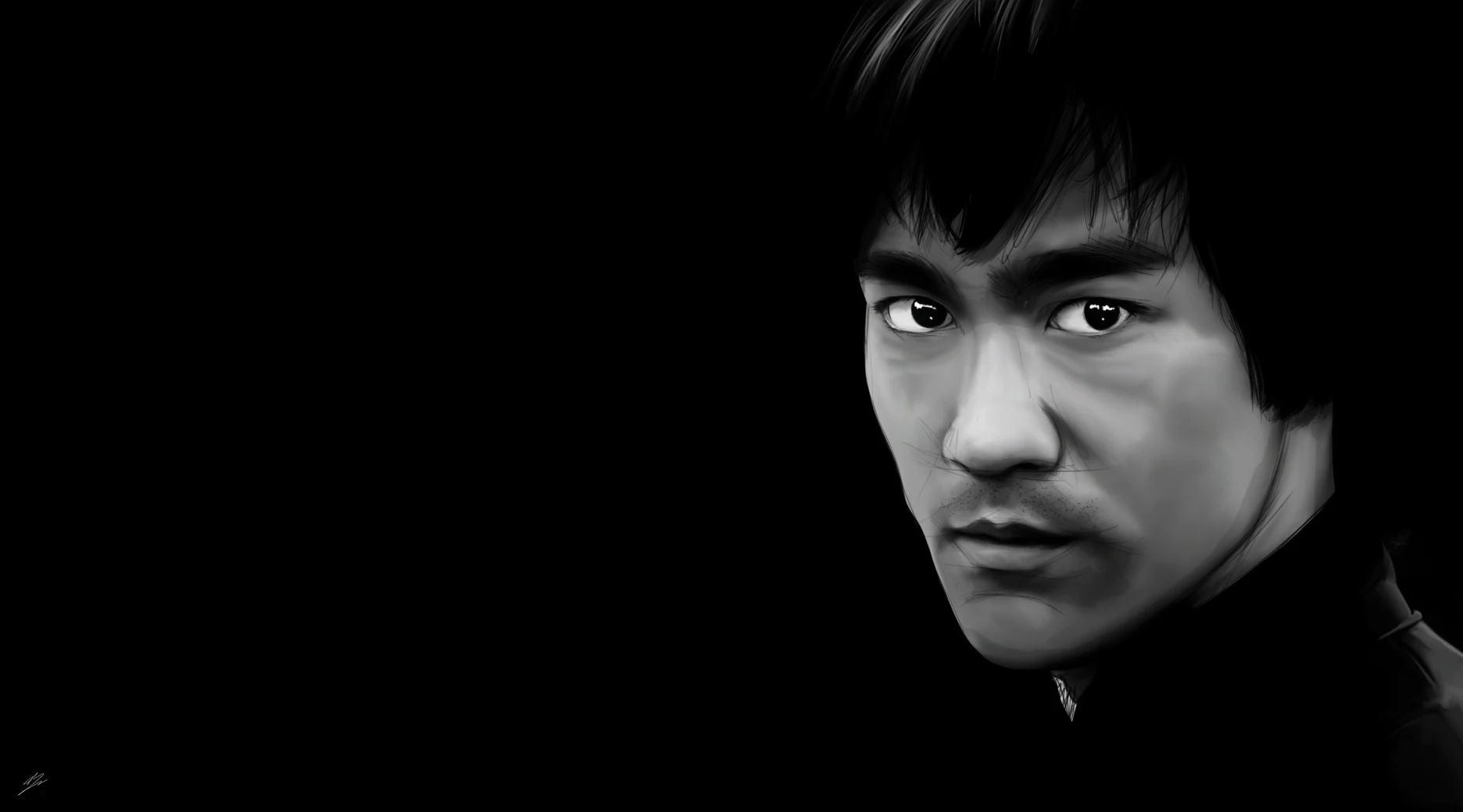Bruce Lee de trois-quarts, moitié du visage éclairée, col noir, sur fond noir profond. Tableau en caisse américaine.