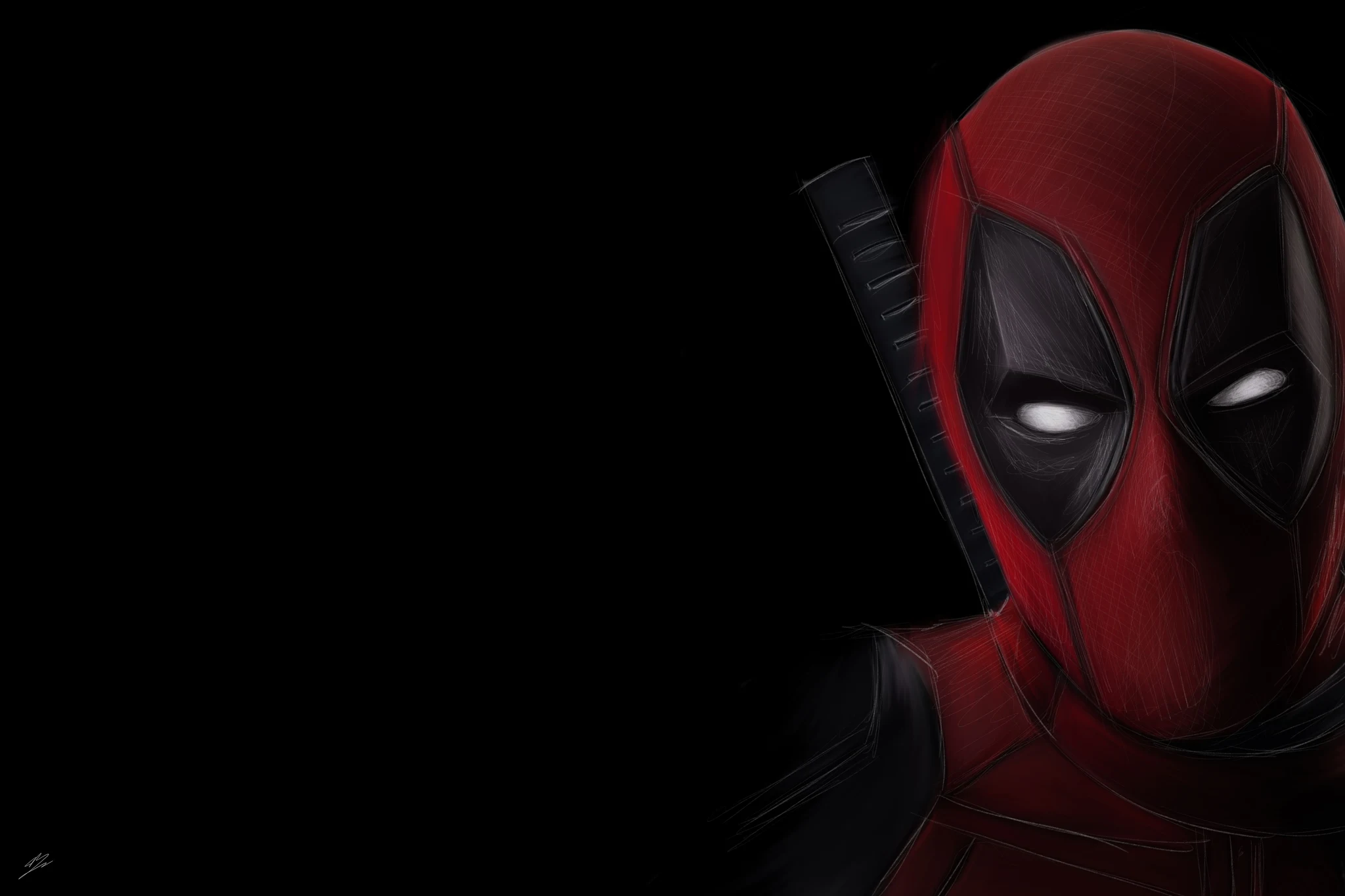 Le masque de Deadpool, fentes blanches des yeux, katana dans le dos, sur fond noir. Tableau en caisse américaine.