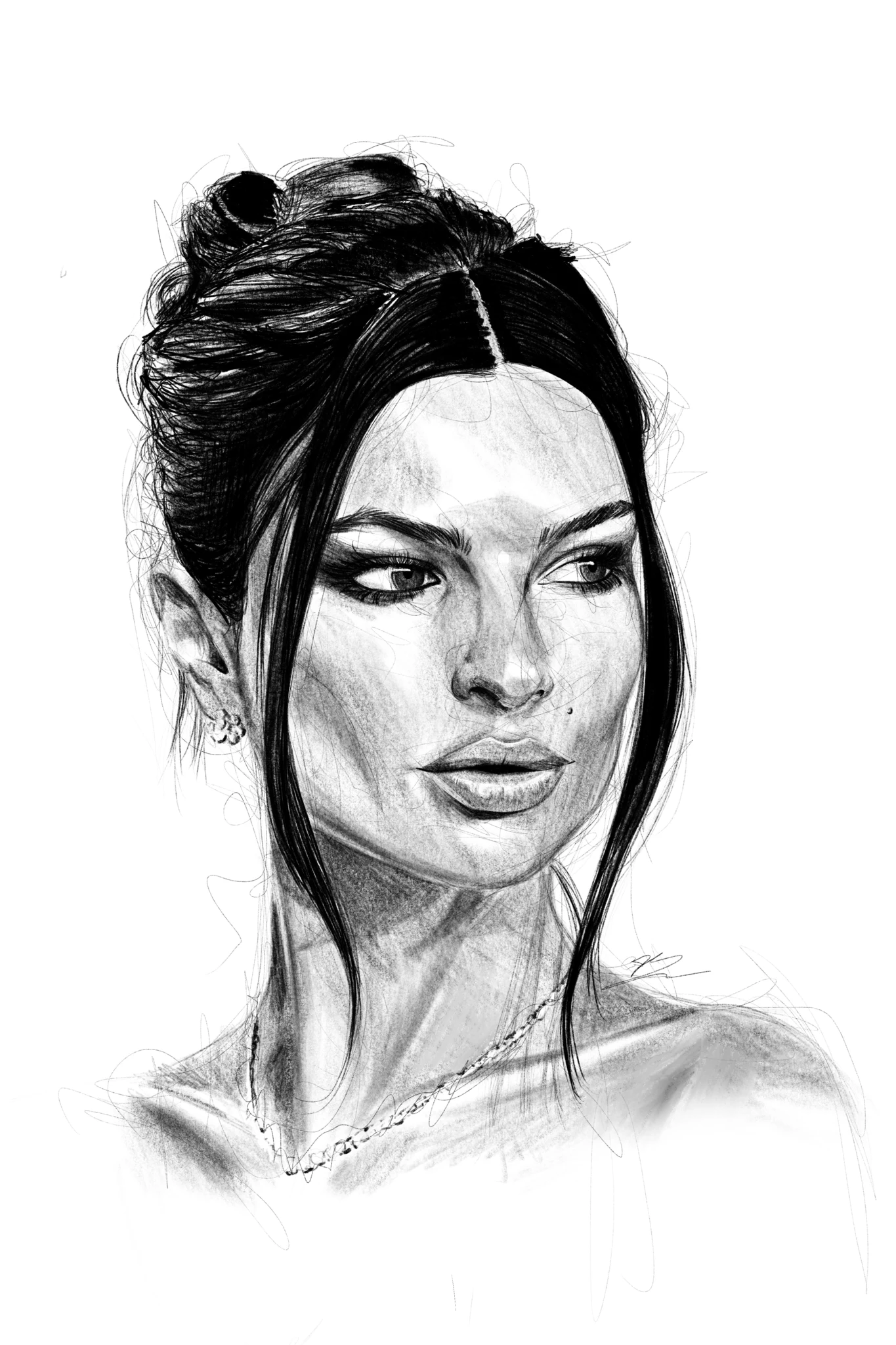 Portrait au crayon d'Emily Ratajkowski, chignon haut, mèches libres, regard de côté, épaules nues. Tableau en caisse américaine.
