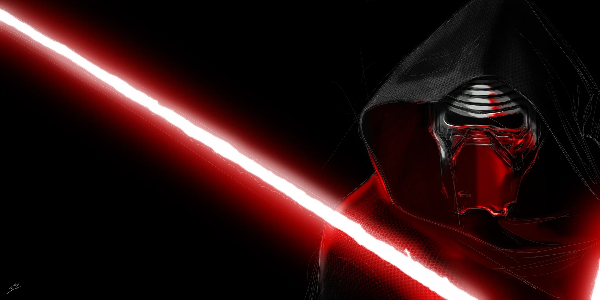 Kylo Ren masqué sous sa capuche, sabre laser rouge en diagonale sur fond noir. Tableau en caisse américaine.