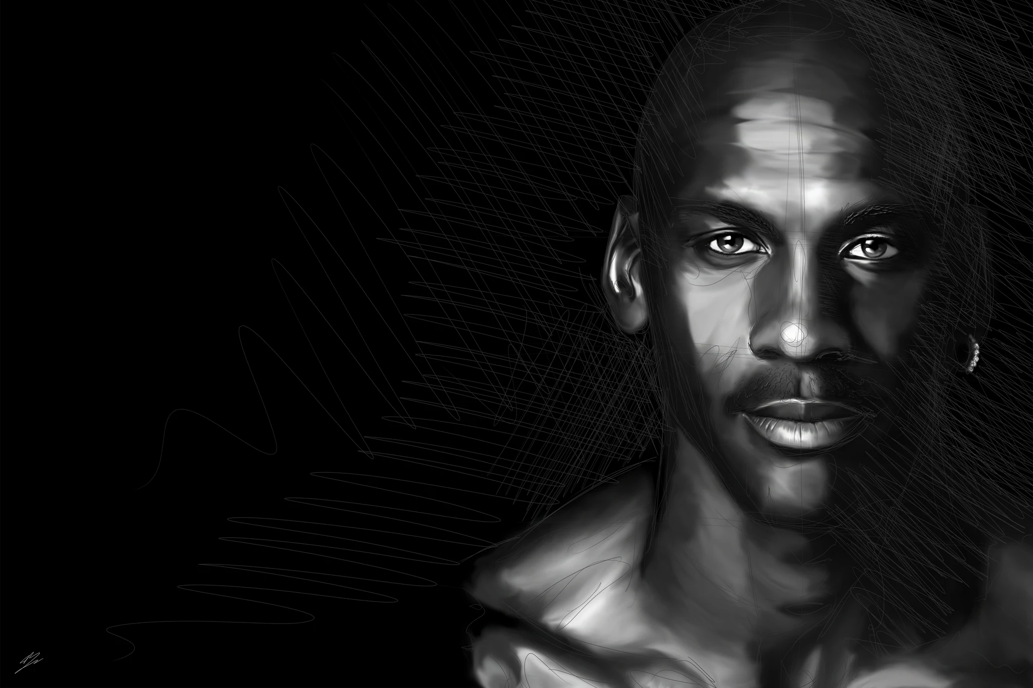 Portrait en noir et blanc de Michael Jordan, crâne rasé, épaule nue, surgissant d'un fond noir. Tableau en caisse américaine.