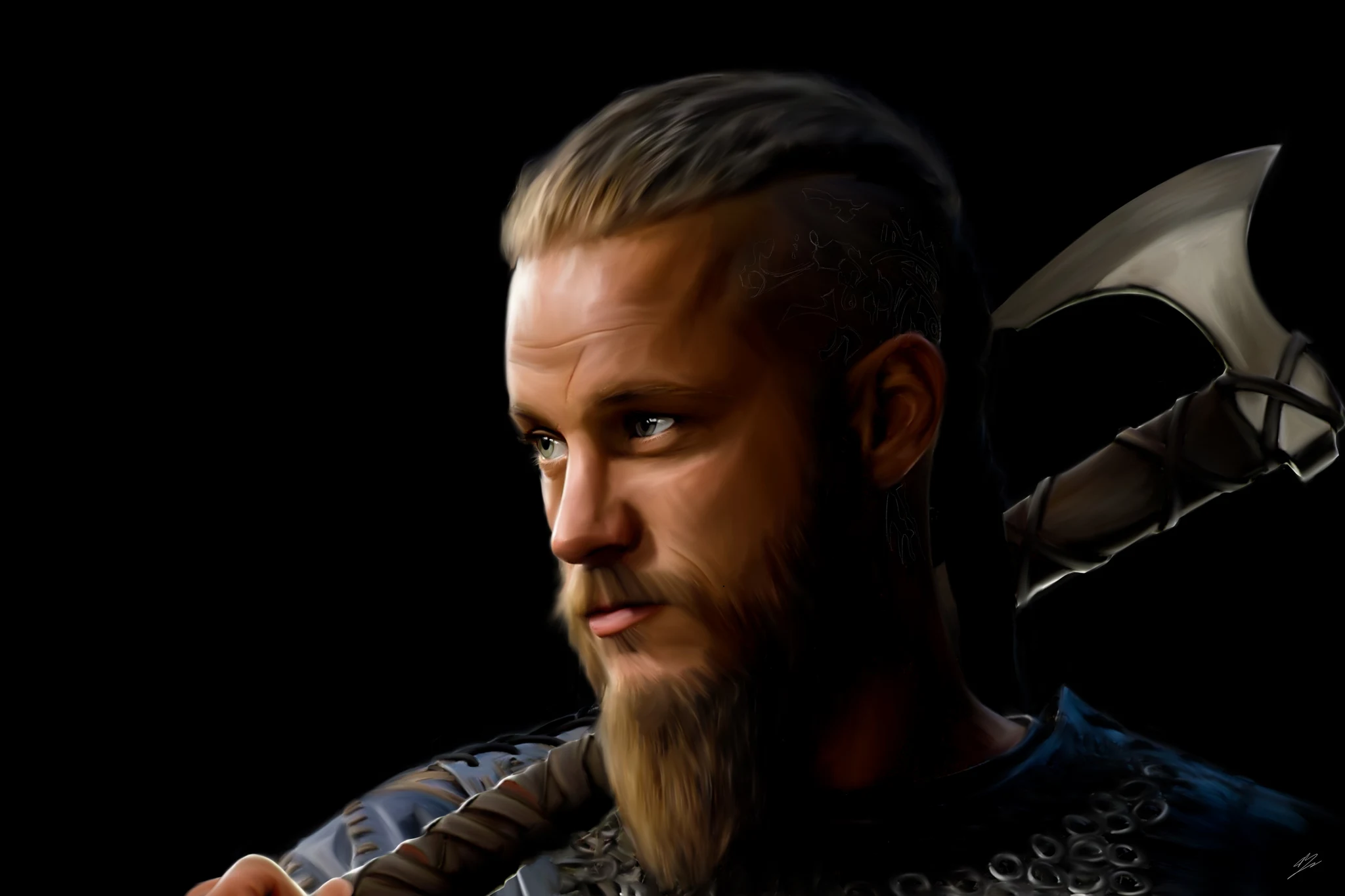 Ragnar Lothbrok de profil, cheveux blonds tirés en arrière, tempe tatouée, hache sur l'épaule, fond noir. Tableau en caisse américaine.