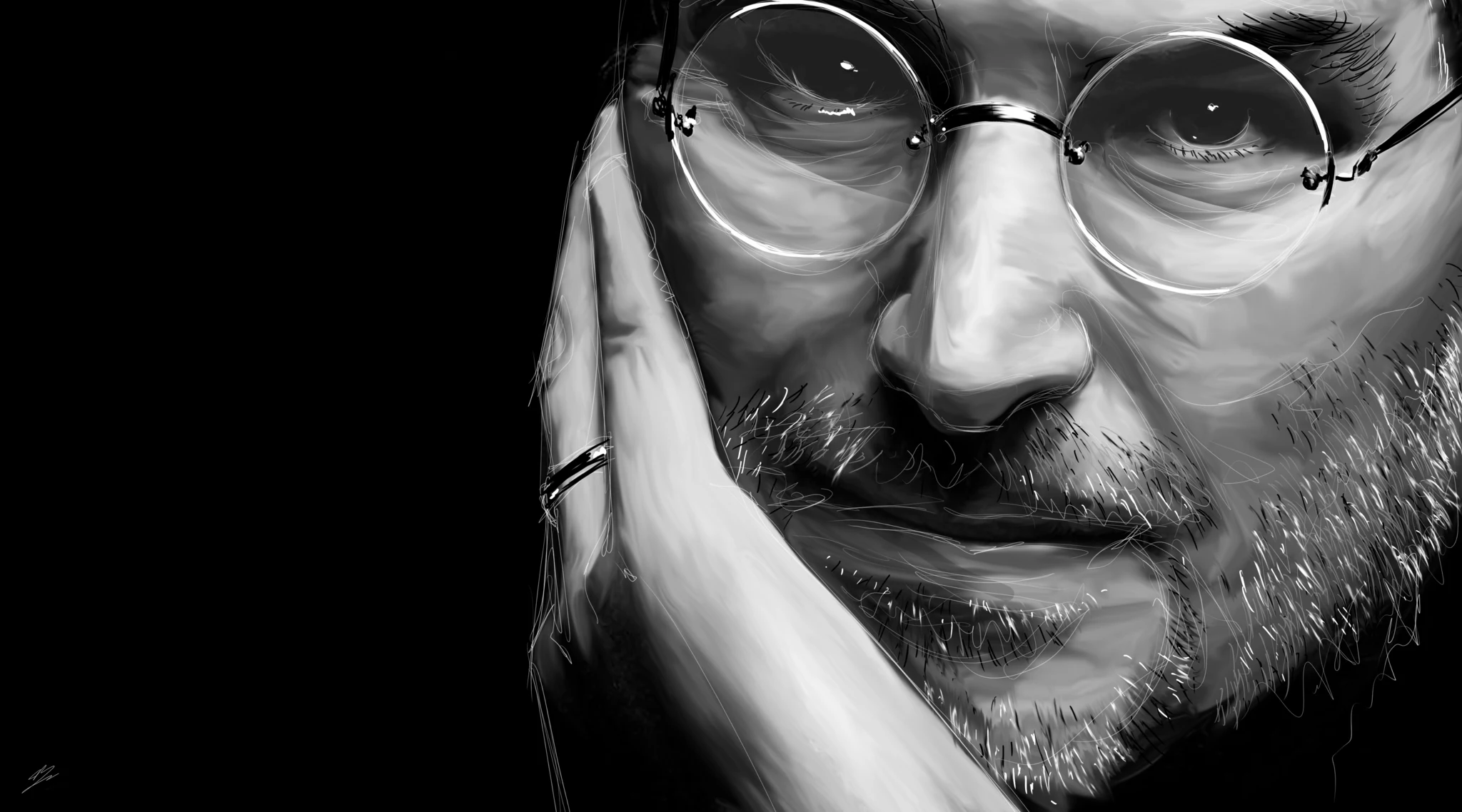 Steve Jobs en noir et blanc, poing contre la joue, lunettes rondes, sur fond noir. Tableau en caisse américaine.
