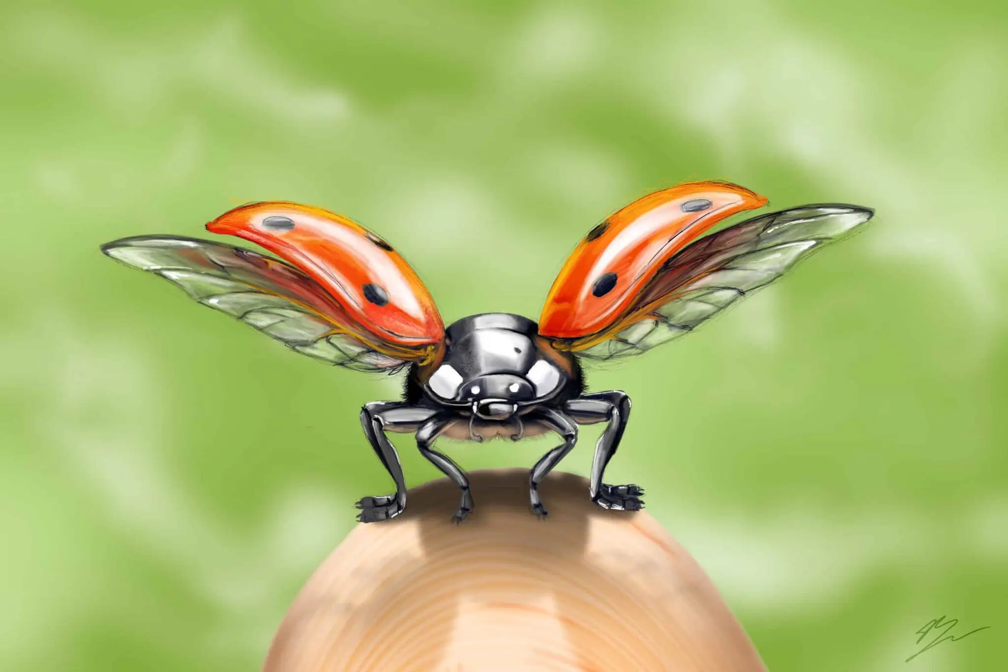 Coccinelle de face sur un bout de doigt, élytres rouges ouverts, ailes translucides déployées, fond vert. Tableau en caisse américaine.