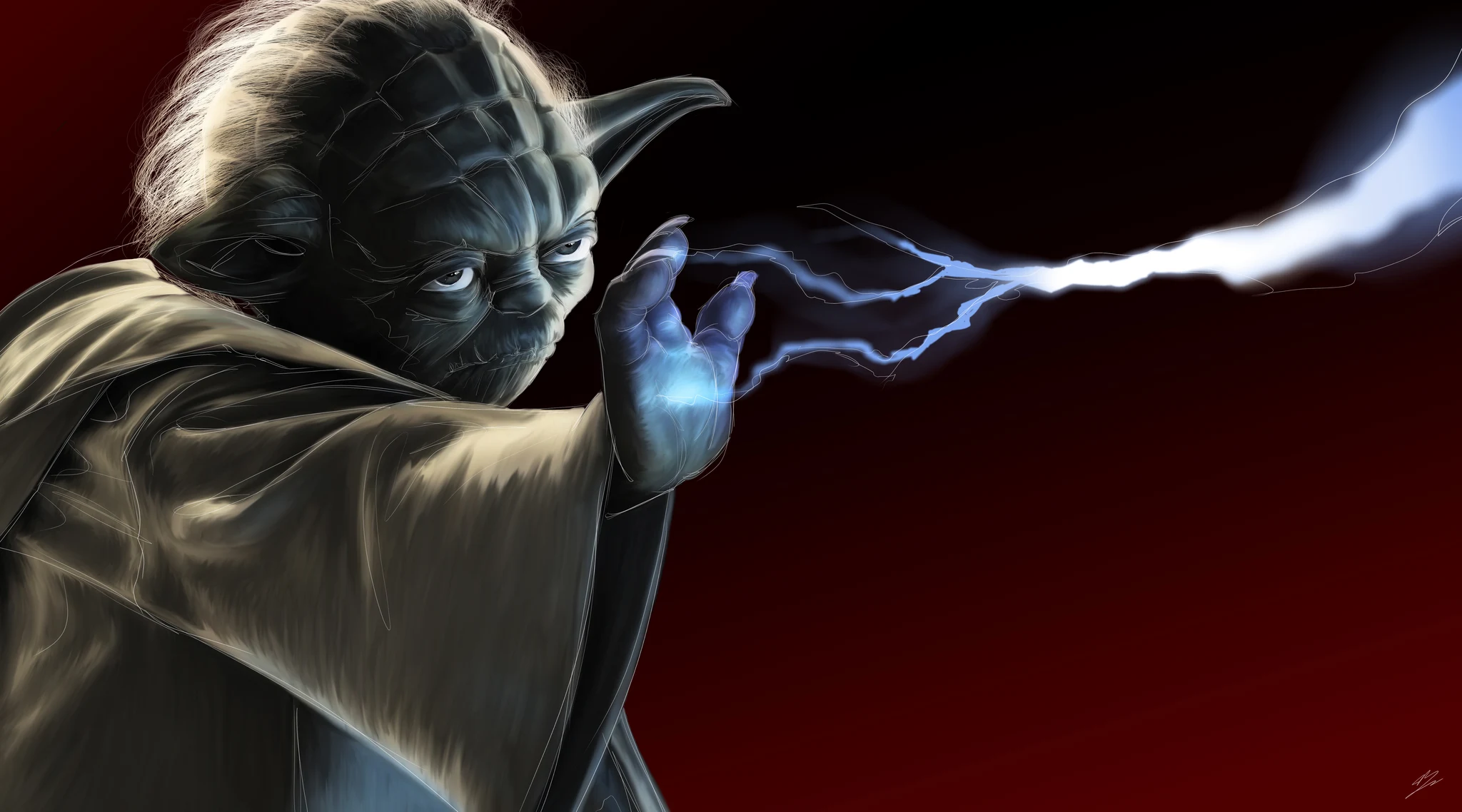 Yoda, sourcils froncés, main tendue qui absorbe un éclair de Force bleu, fond rouge. Tableau en caisse américaine.