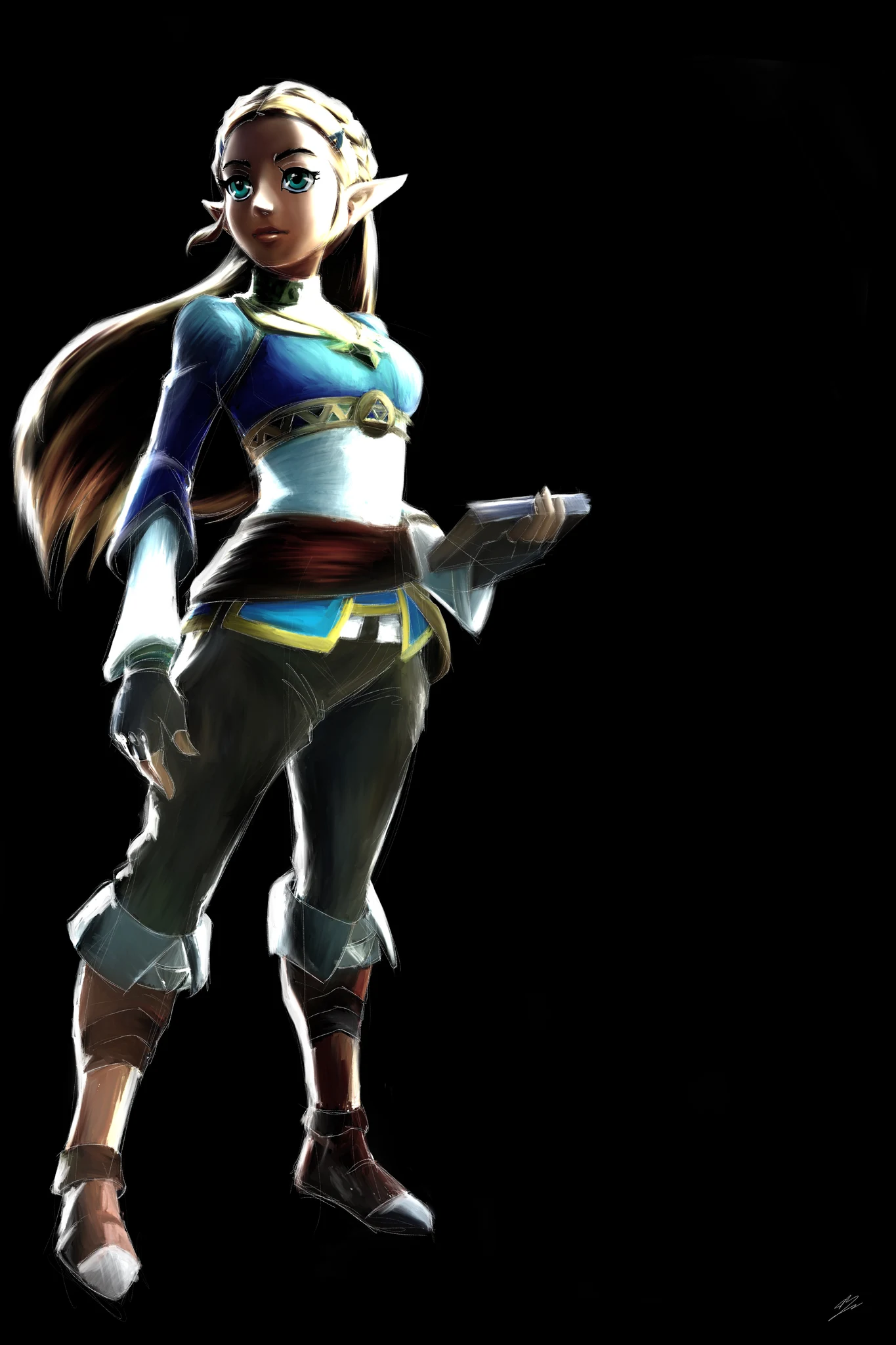 La princesse Zelda en pied, tenue bleue, cheveux tressés, tablette Sheikah en main, fond noir. Tableau en caisse américaine.