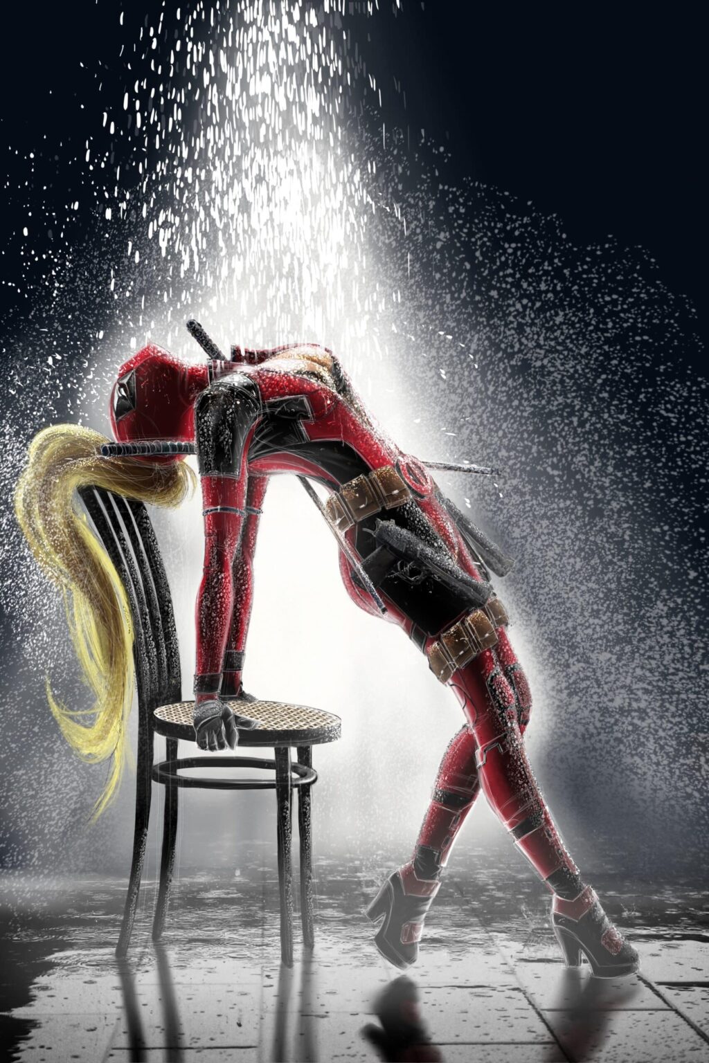 Lady Deadpool cambrée en arrière contre une chaise sous une cascade, pose Flashdance, cheveux blonds pendants.