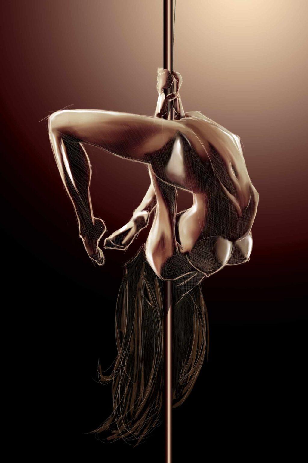 Pole danseuse nue en suspension inversée, jambes accrochées en haut de la barre, corps replié tête en bas, longue chevelure tombant vers le sol, monochrome sépia.