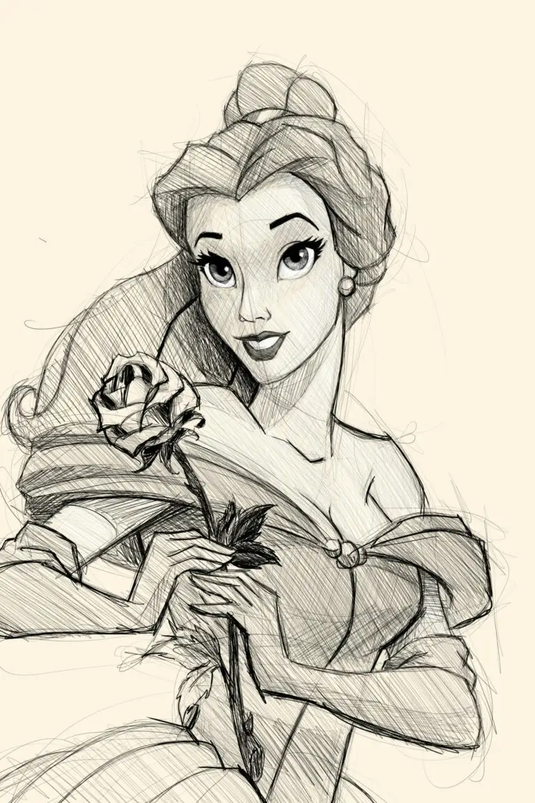 Belle de Disney en croquis noir sur crème, chignon, épaules nues, rose tenue à deux mains.