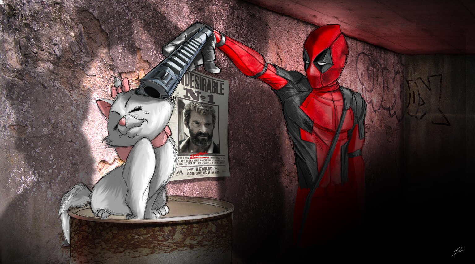 Deadpool braque Marie des Aristochats, l'affiche Undesirable No 1 de Hugh Jackman en Wolverine au mur.