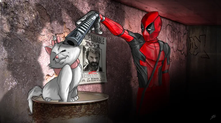 Deadpool braque Marie des Aristochats, l'affiche Undesirable No 1 de Hugh Jackman en Wolverine au mur.