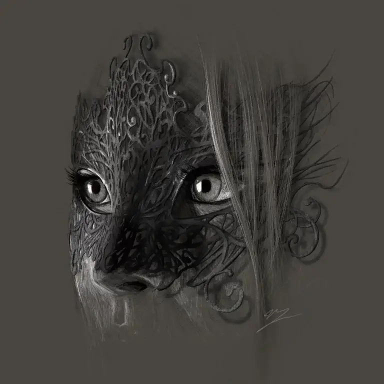 Gros plan sur un visage féminin masqué d'arabesques noires, deux yeux gris sur fond sombre.