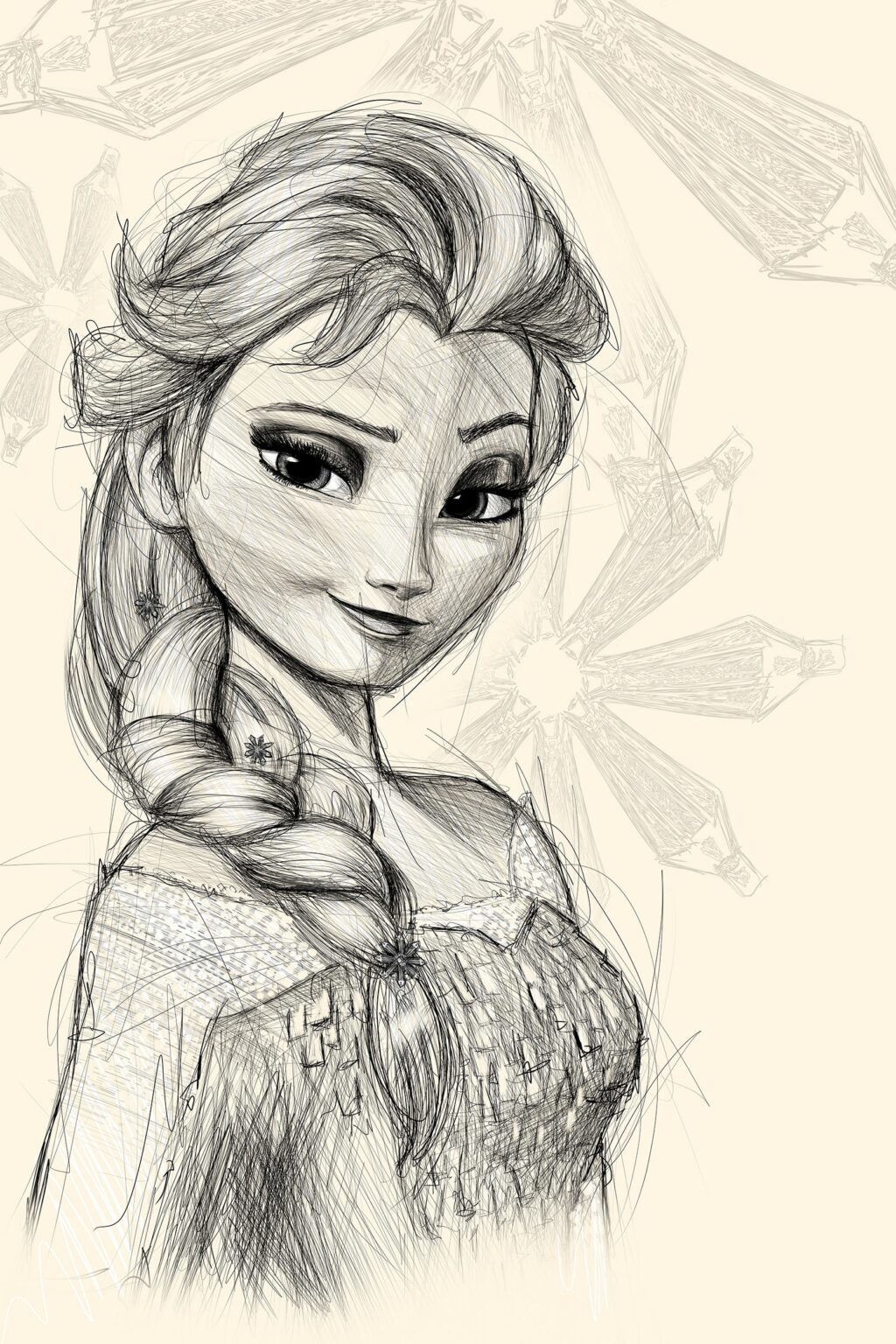 Elsa de La Reine des neiges en croquis, tresse sur l'épaule, sourire en coin, flocons esquissés.