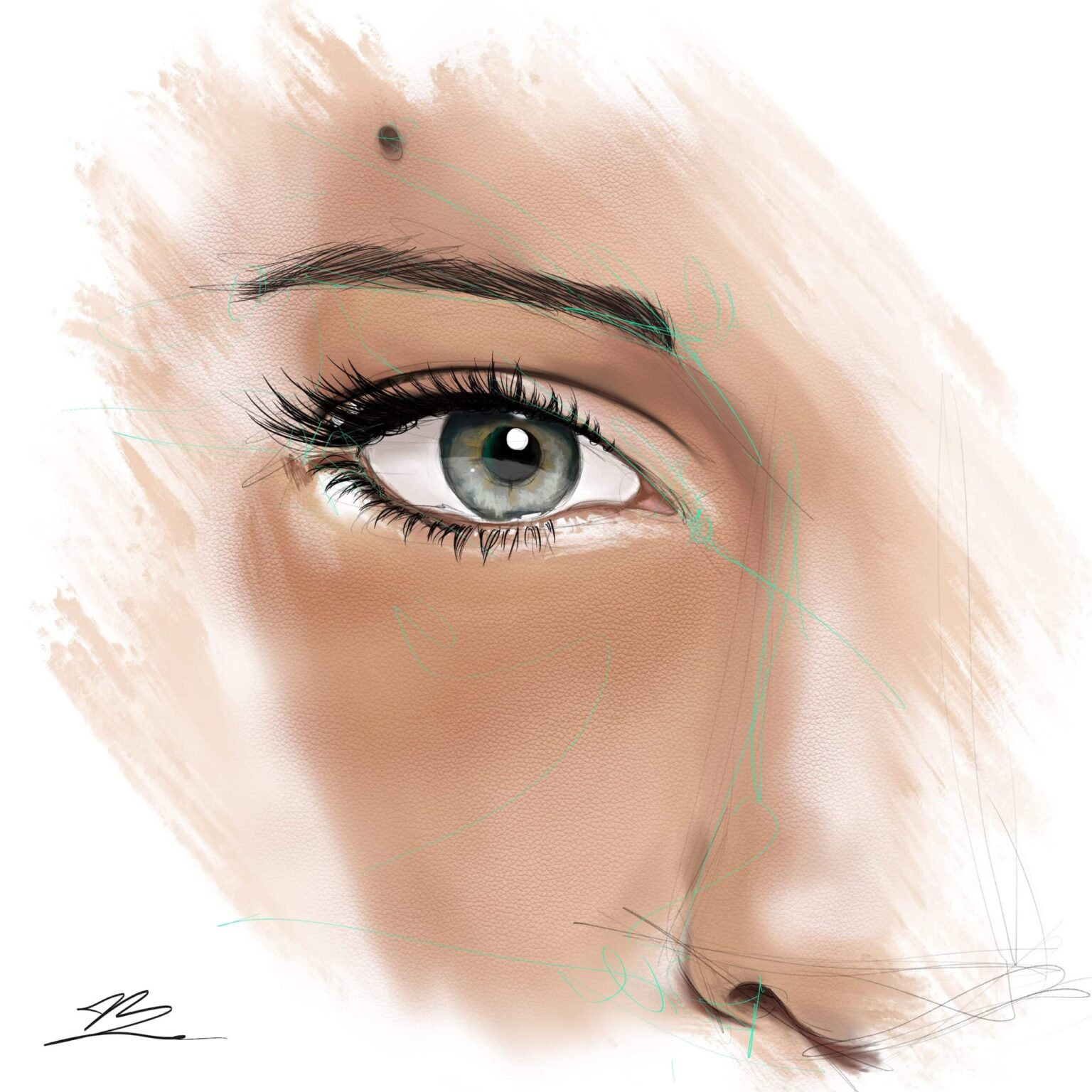 Gros plan carré sur un œil de femme, iris gris-vert clair, sourcil arqué, cils épais.