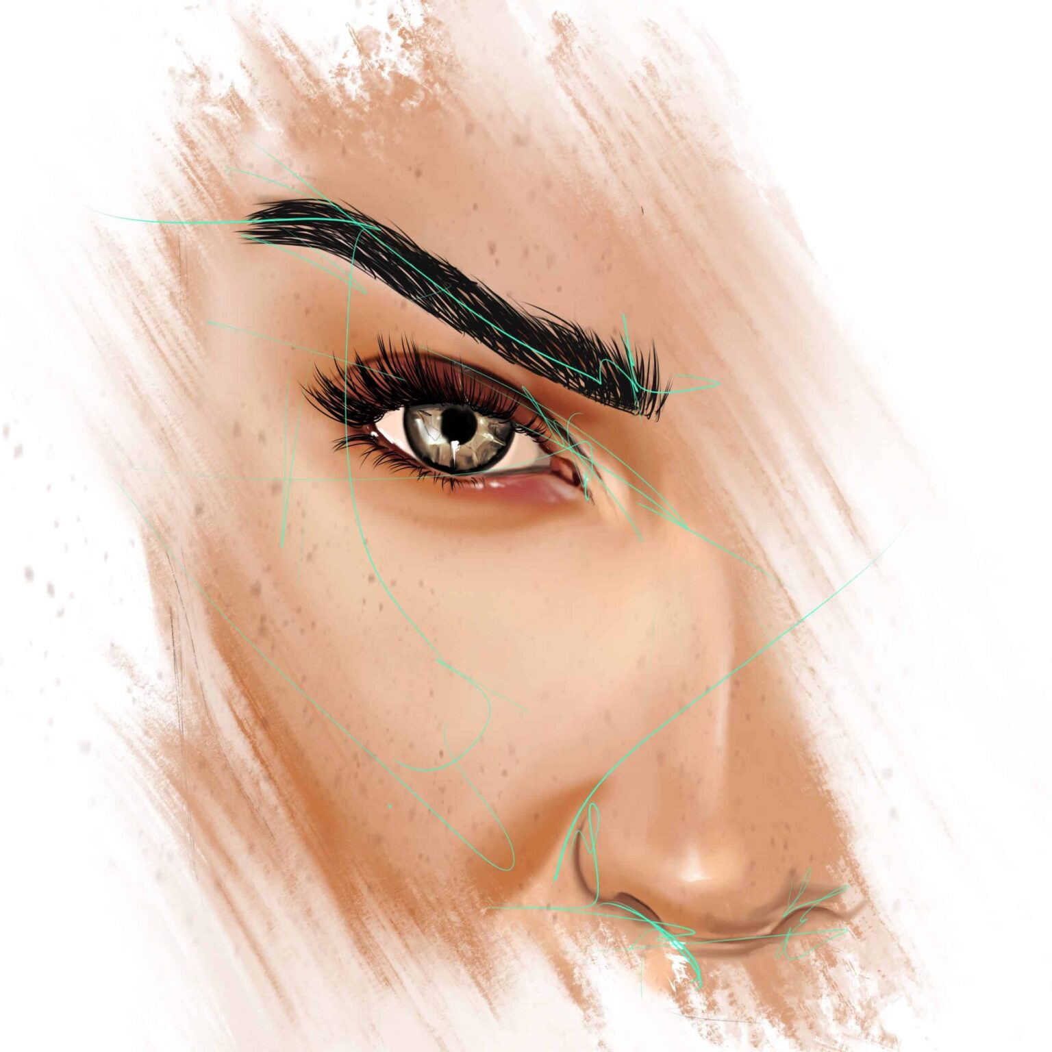 Gros plan carré sur un œil féminin, sourcil noir épais, taches de rousseur, coin lacrymal luisant.