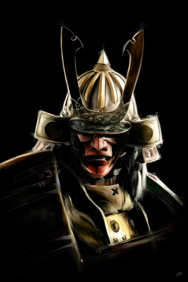 Samouraï de For Honor, kabuto doré à grandes cornes, masque rouge grimaçant, fond noir.
