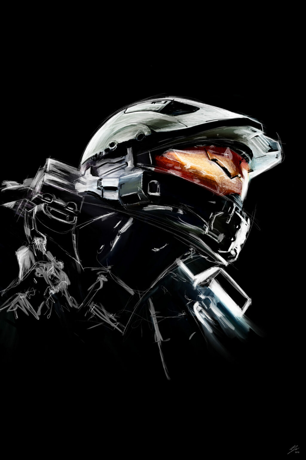 Casque du Master Chief de Halo, de trois quarts, visière orange, armure esquissée en traits blancs.