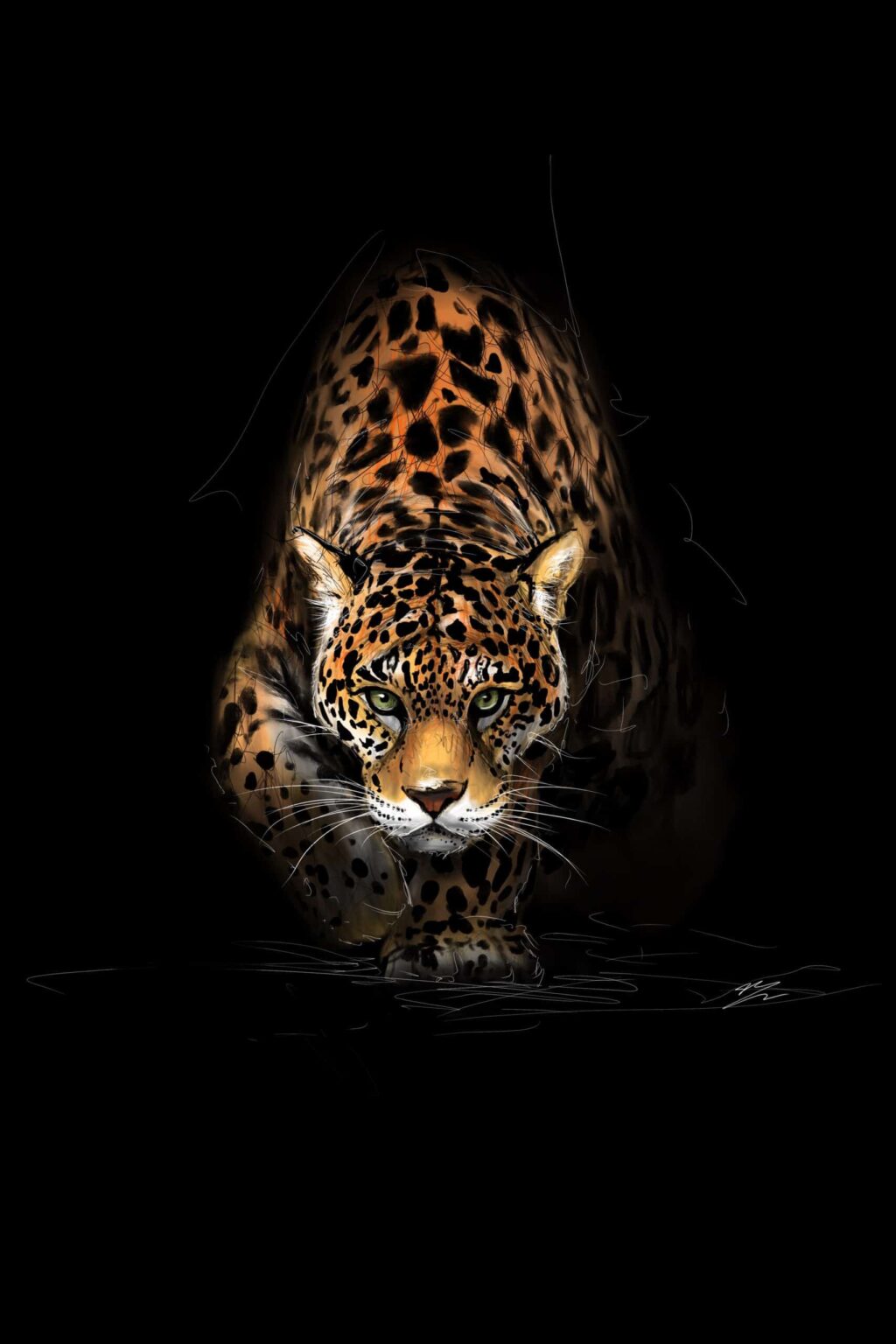 Jaguar à l'affût de face, yeux verts, rosettes et moustaches blanches, sortant d'un fond noir.