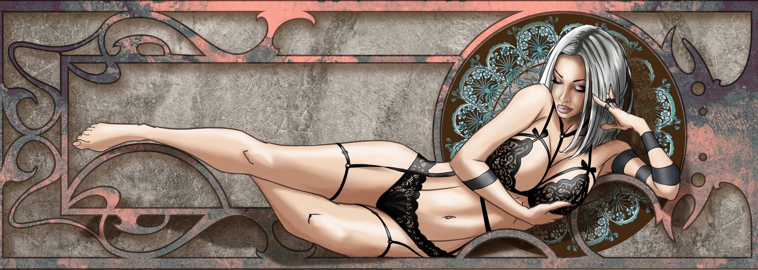 Femme allongée en lingerie de dentelle noire et porte-jarretelles, devant une rosace florale Art Nouveau.