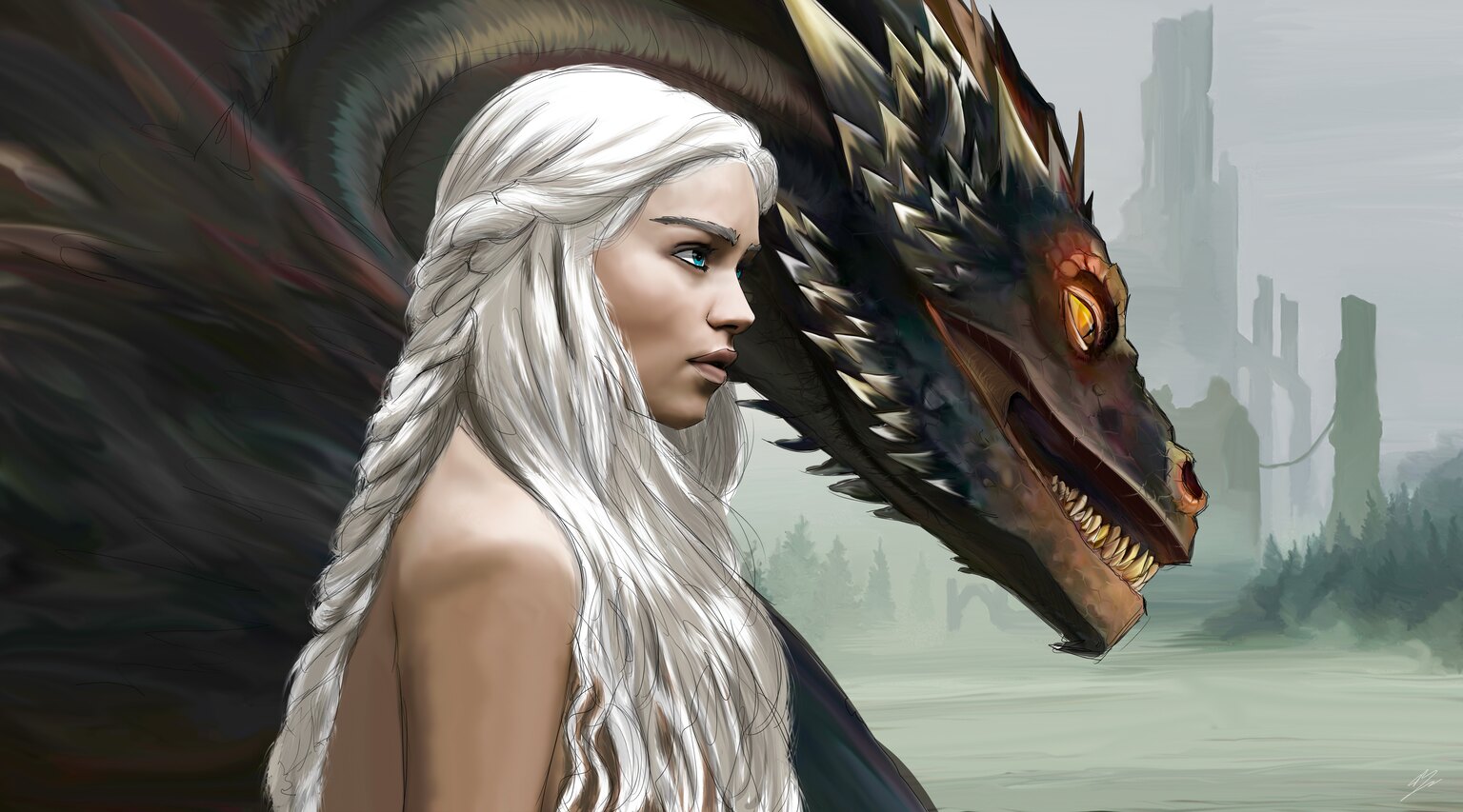Daenerys Targaryen sous les traits d'Emilia Clarke, de profil, tresses blanches, Drogon derrière elle.