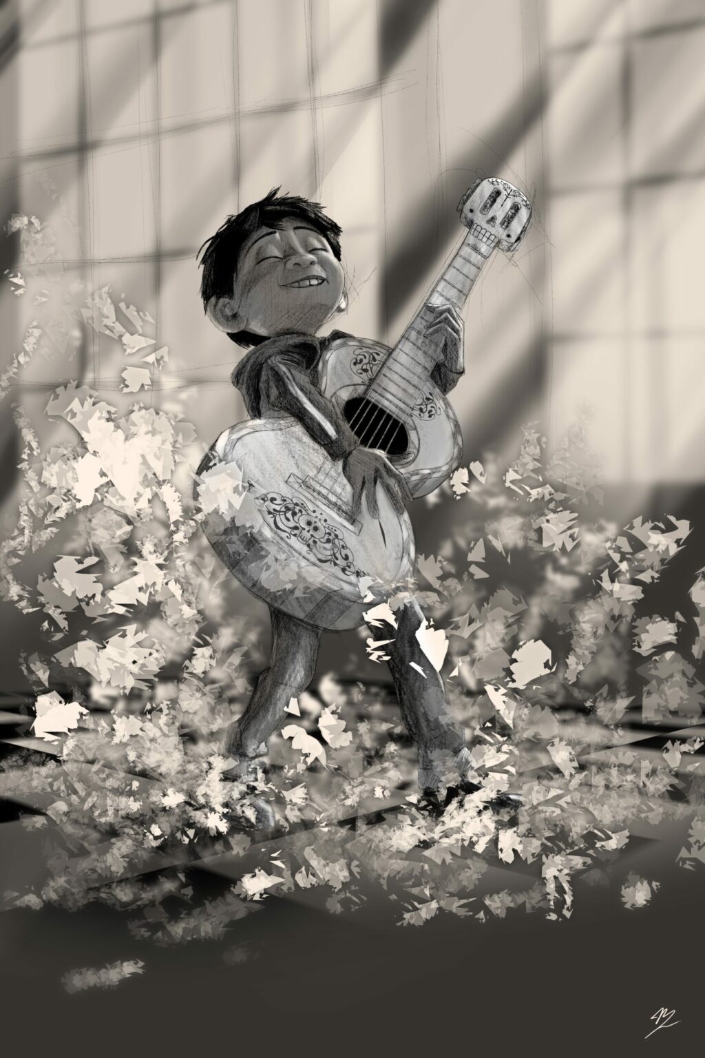 Miguel de Coco, yeux fermés, guitare à tête de crâne, pétales en tourbillon, gris sépia.