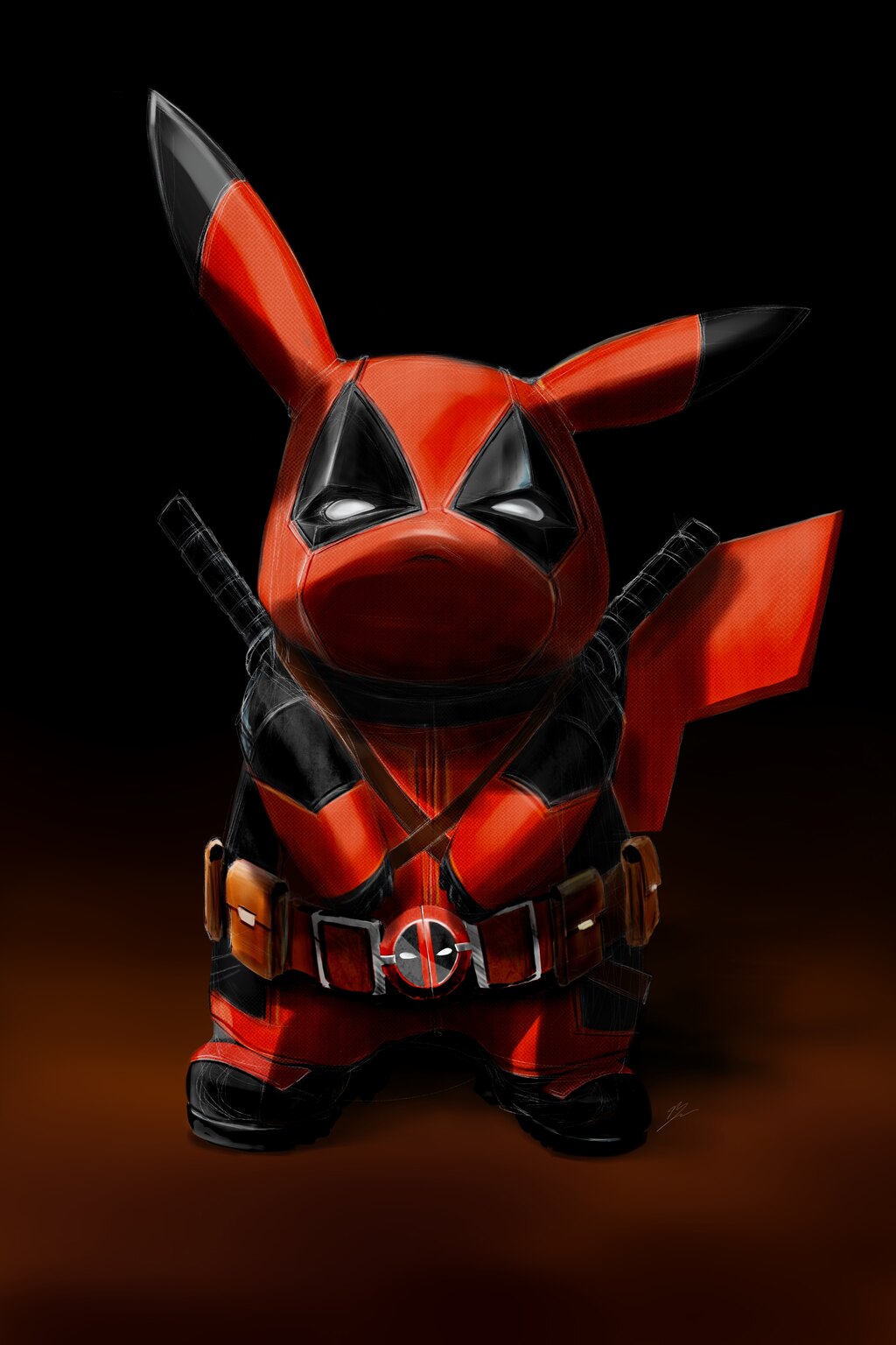 Pikachu en costume de Deadpool, katanas croisés dans le dos, queue en éclair rouge, fond noir.