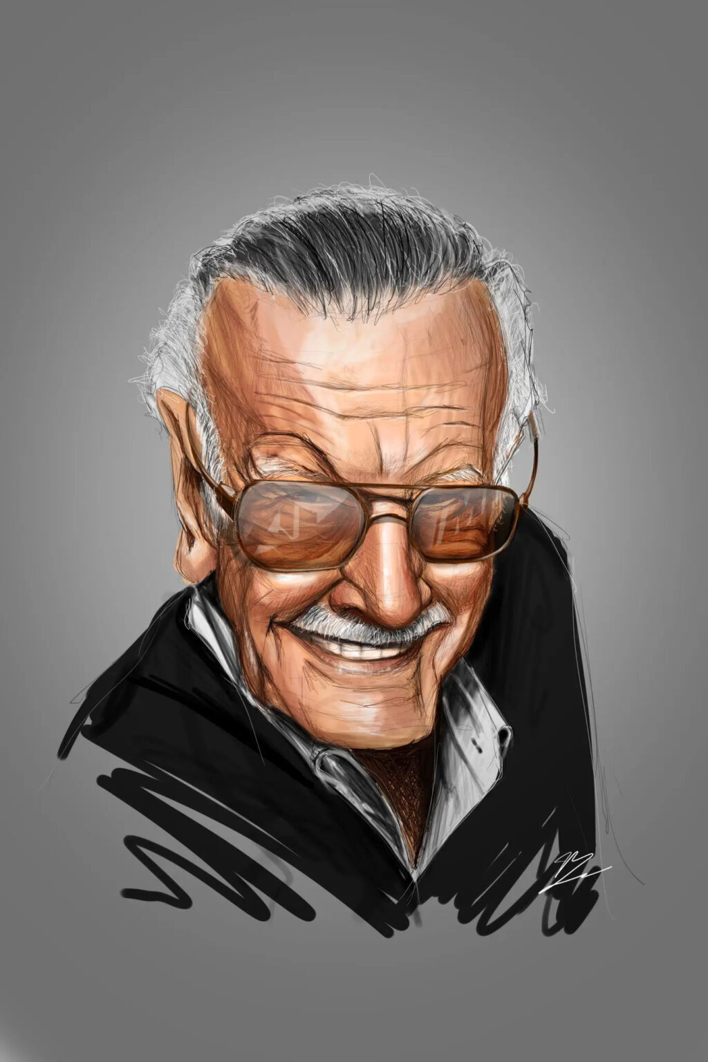 Stan Lee souriant, lunettes aviator teintées, moustache blanche, veste noire, sur fond gris dégradé. Tableau en caisse américaine.