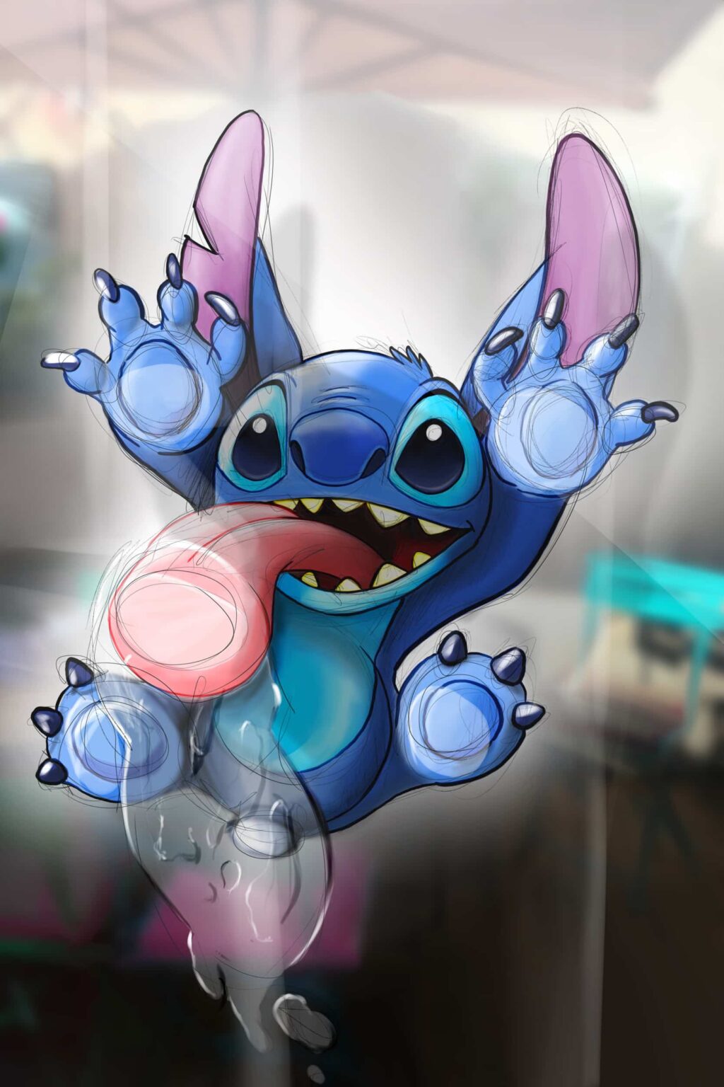 Stitch de Disney plaqué contre une vitre, pattes écrasées, langue dehors, bave sur le verre.