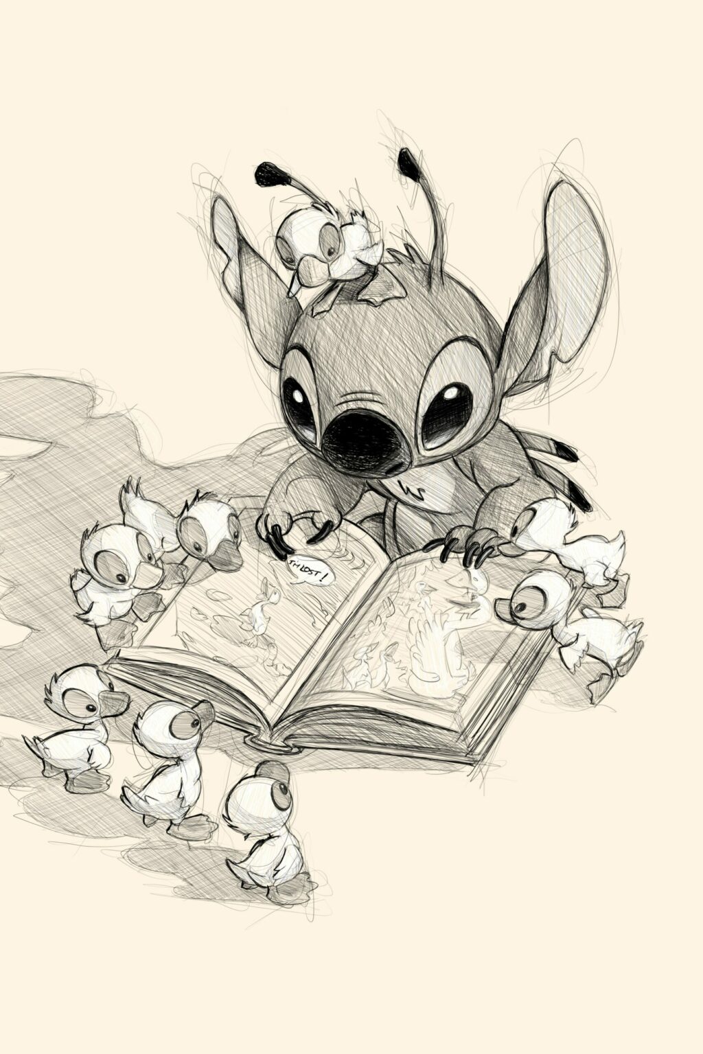 Stitch de Disney en croquis, livre ouvert sous les griffes, canetons autour, un sur la tête.