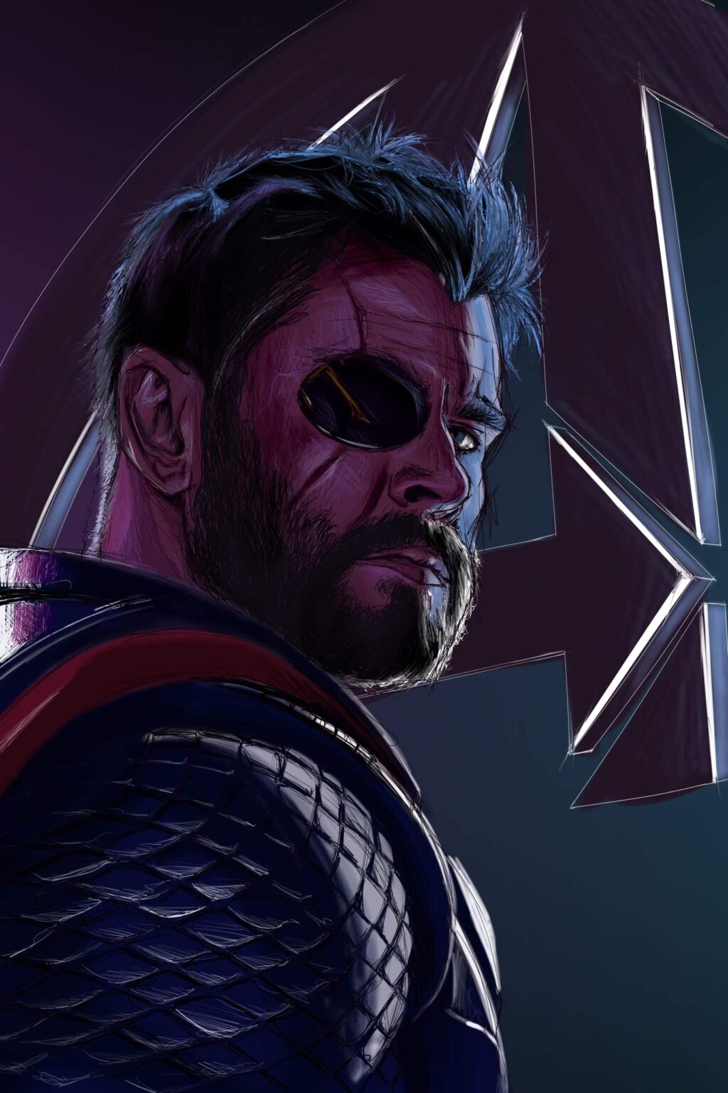 Thor sous les traits de Chris Hemsworth, cache-œil, regard par-dessus l'épaule, le A des Avengers derrière.
